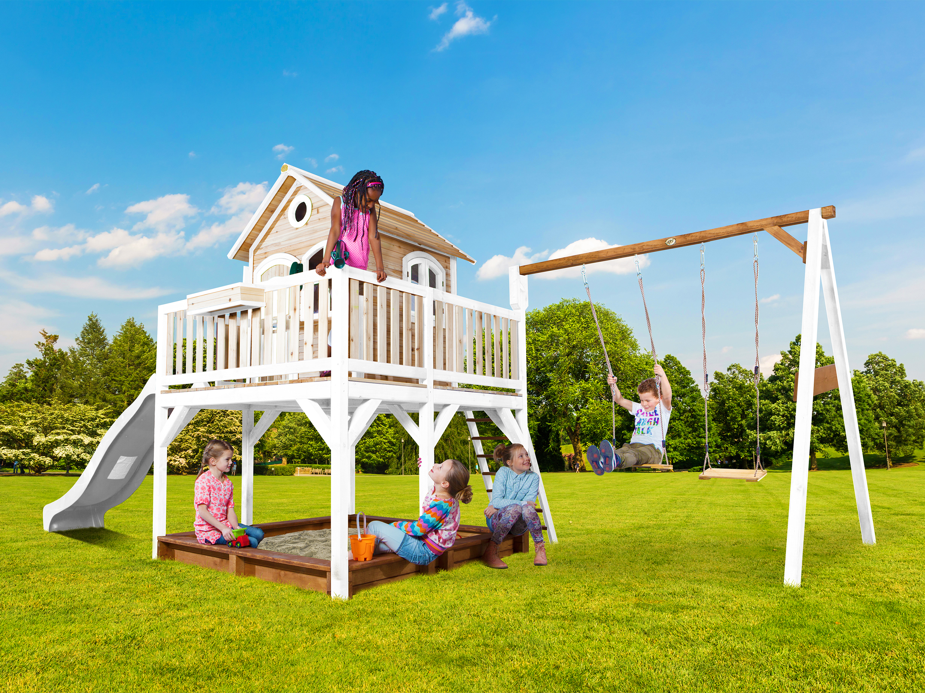 AXI Liam Playhouse with Double Swing Set Brown/White - White Slide
