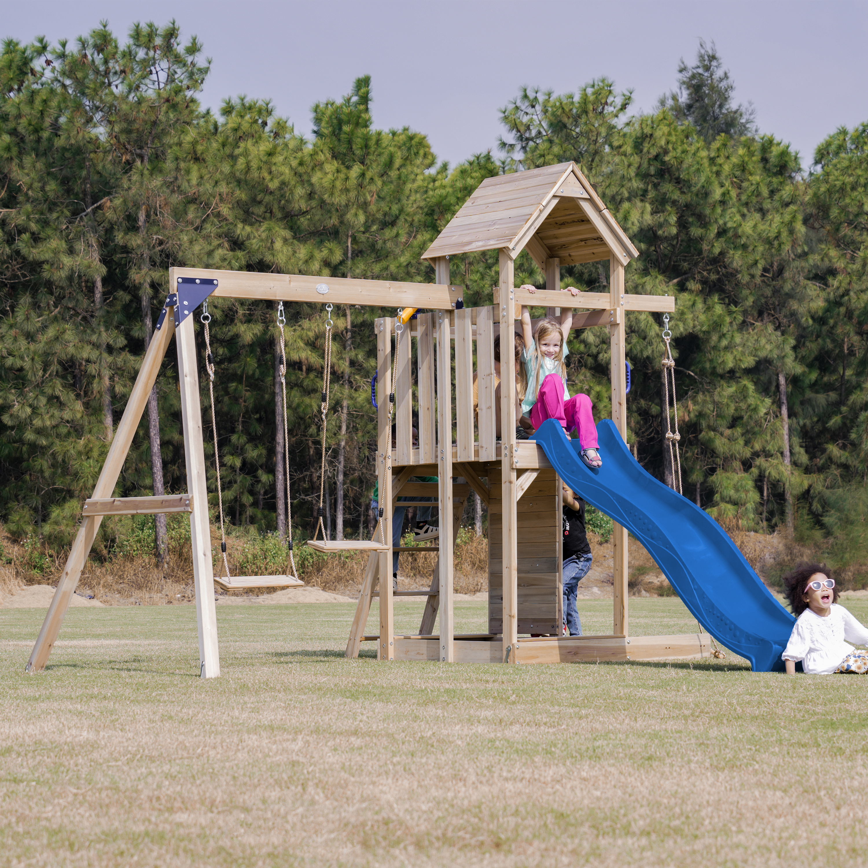 AXI Moos Aire de jeux avec balançoire double et échelle en corde marron - toboggan bleu 