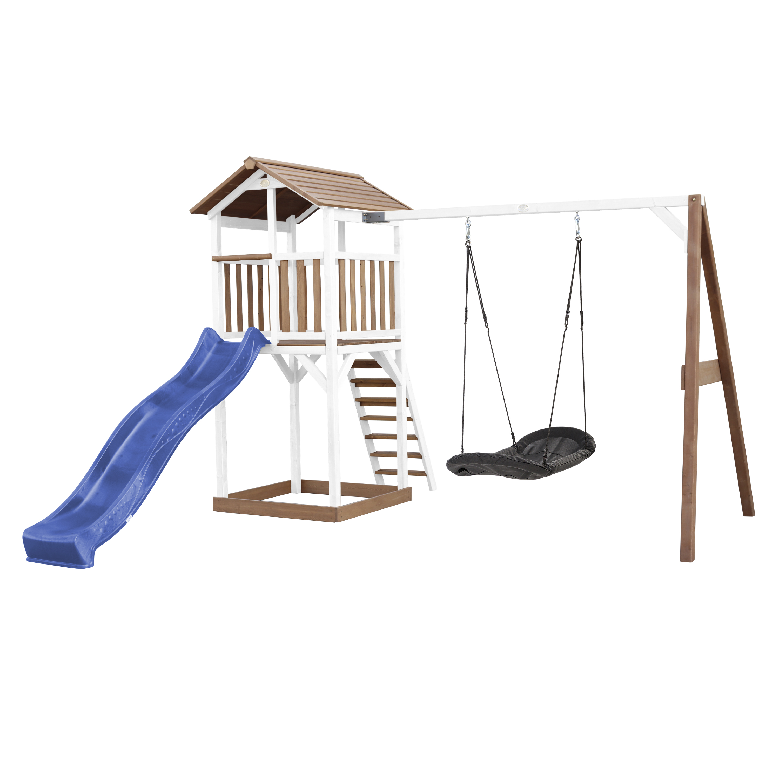 AXI Beach Tower with Roxy Nest Swing Set Brown/White - Blue Slide-8717973939221 AXI Beach Tower with Roxy Nest Swing Set Brown/White - Blue Slide