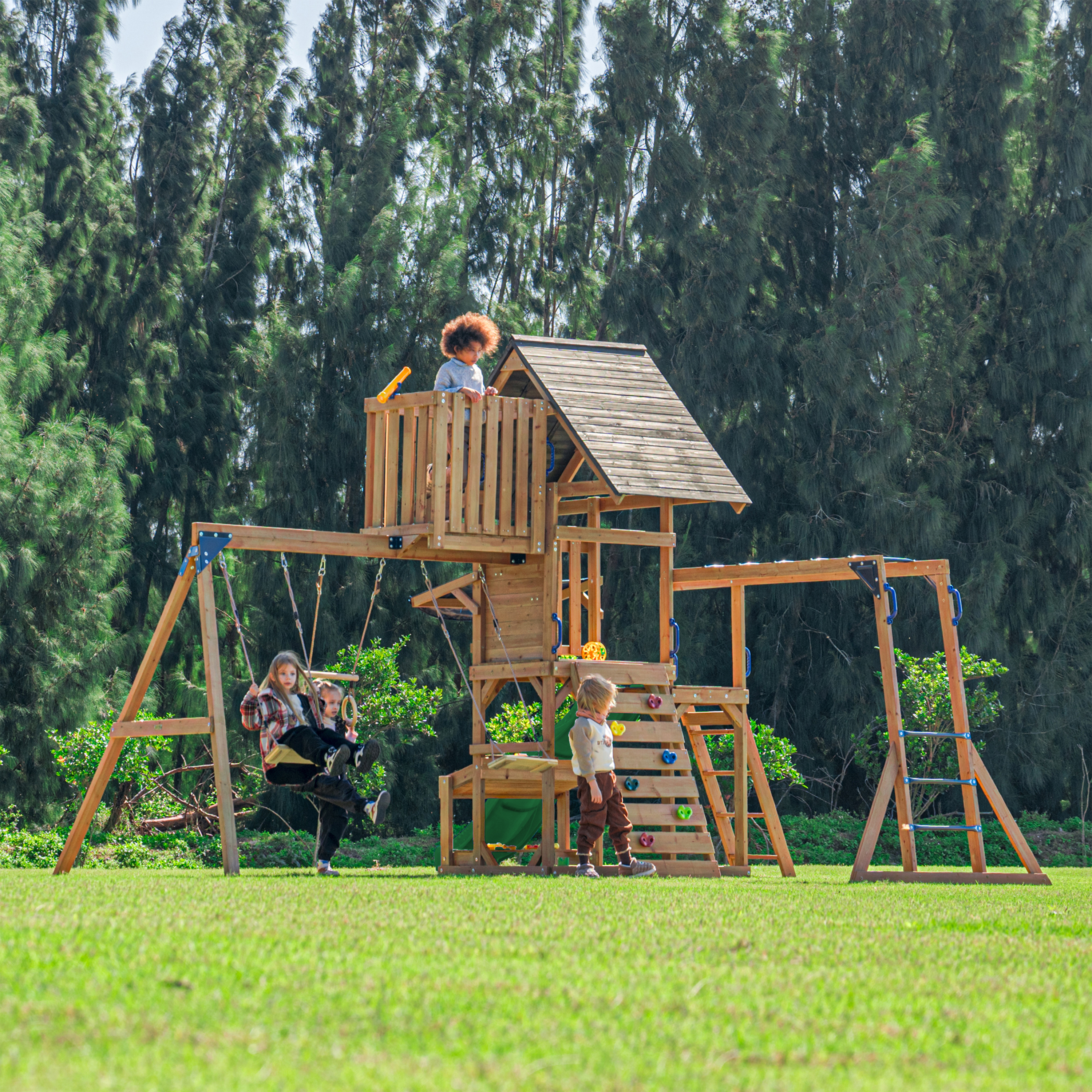 AXI Mitch Climbing Frame with Double Swing. Trapeze and Lookout Tower – Green Slide