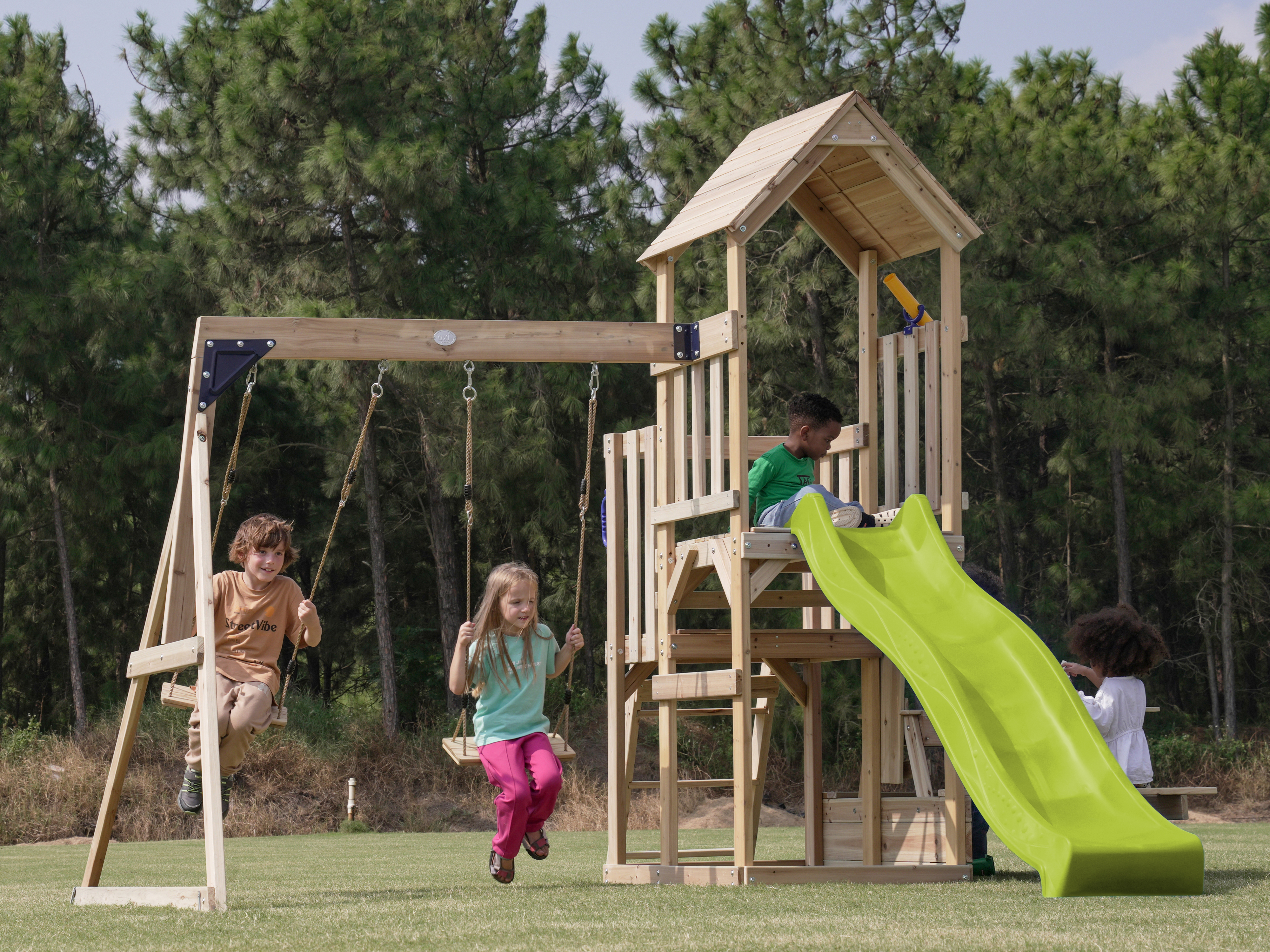 AXI Mette aire de jeux avec double balançoire marron - toboggan vert citron