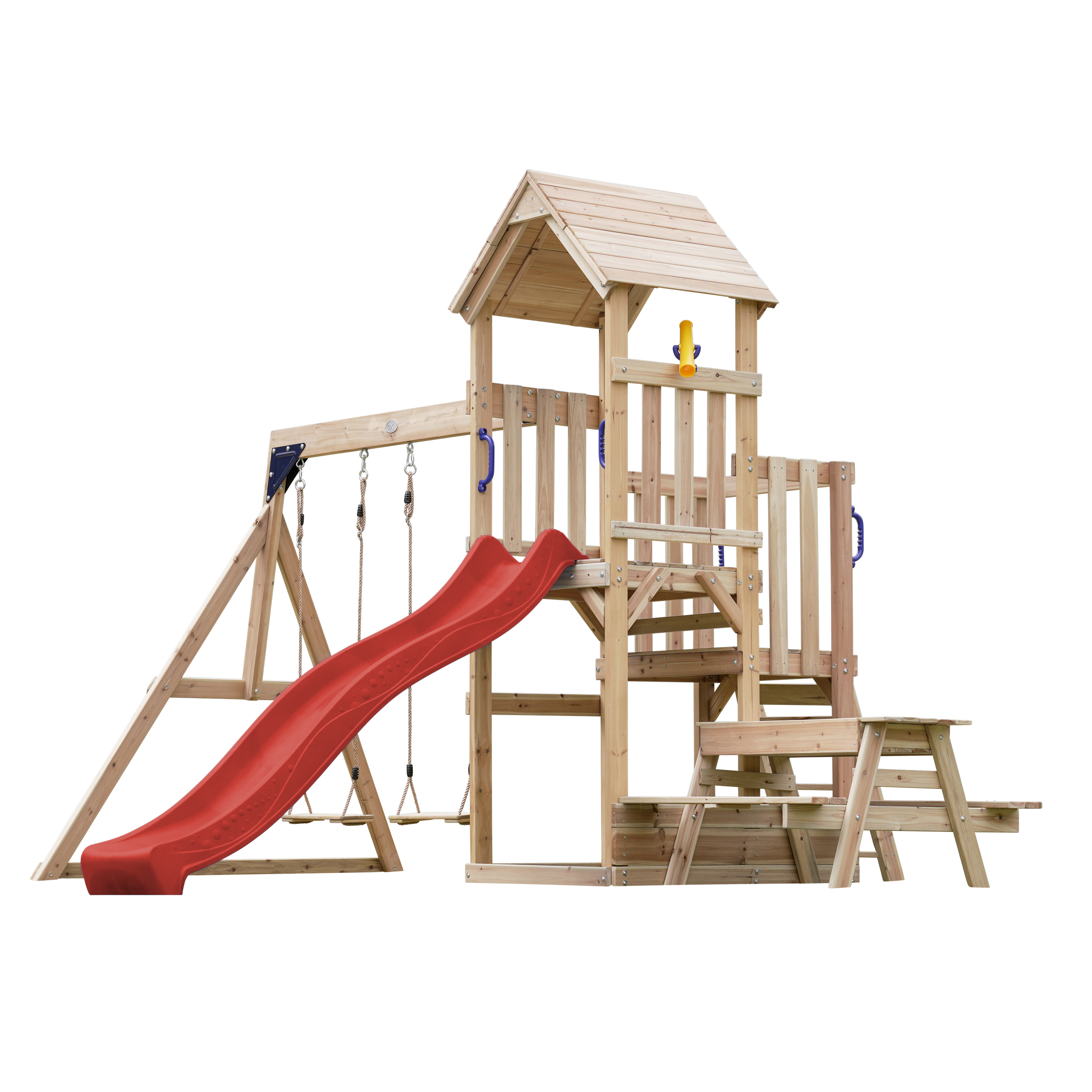AXI Mette Climbing Frame with Double Swing Set and Picnic Table - Red Slide