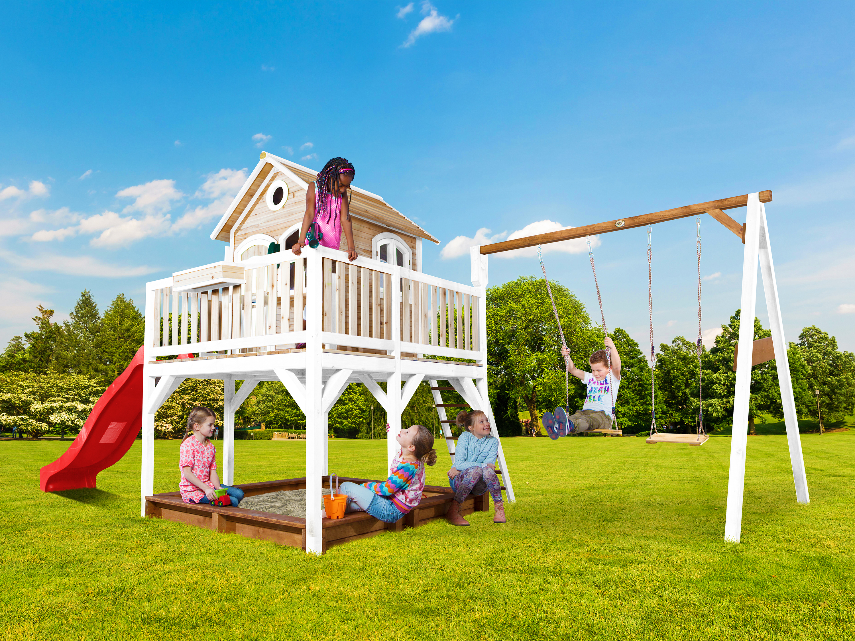 AXI Liam Playhouse with Double Swing Set Brown/White - Red Slide