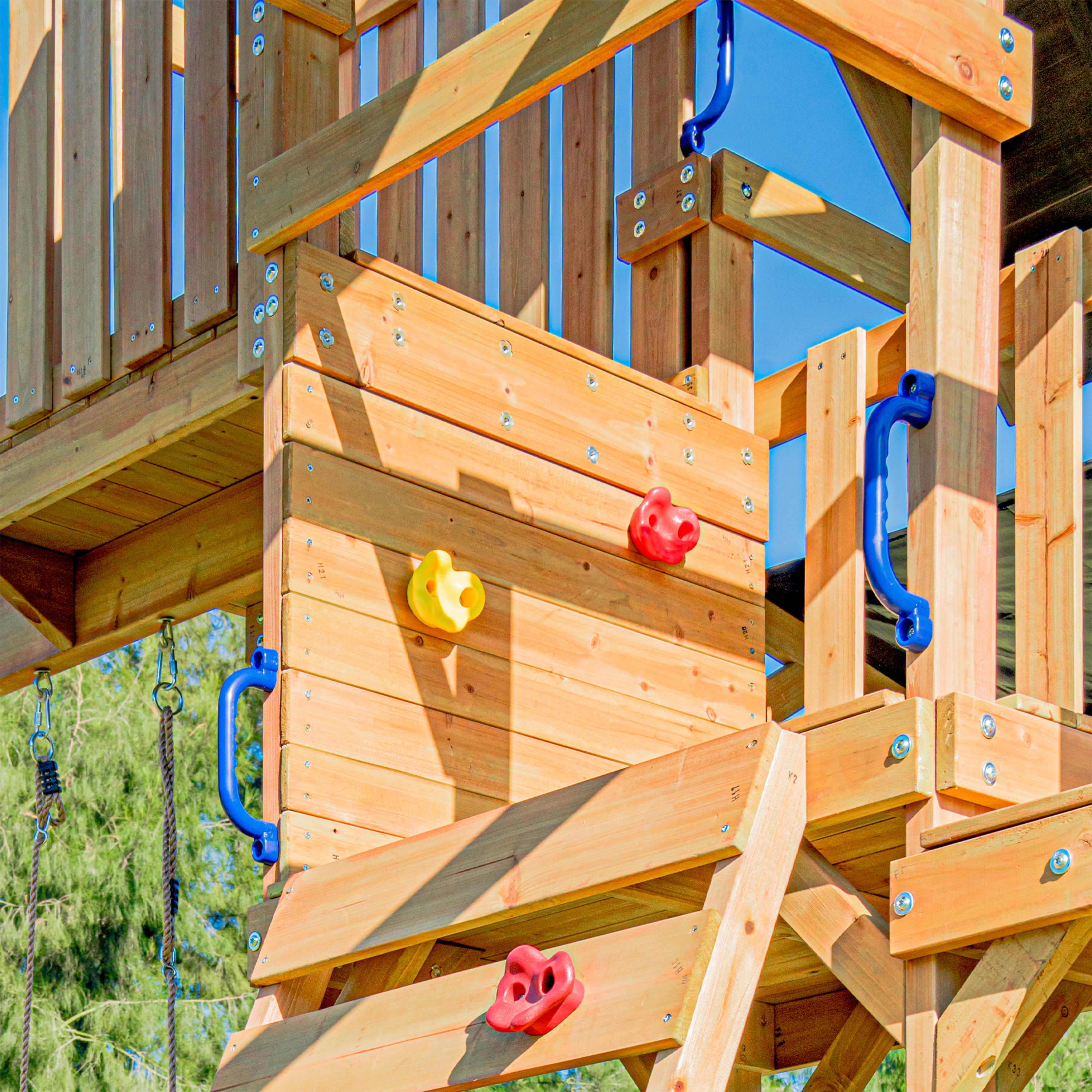 AXI Mitch Climbing Frame with Double Swing, Trapeze and Lookout Tower – Blue Slide