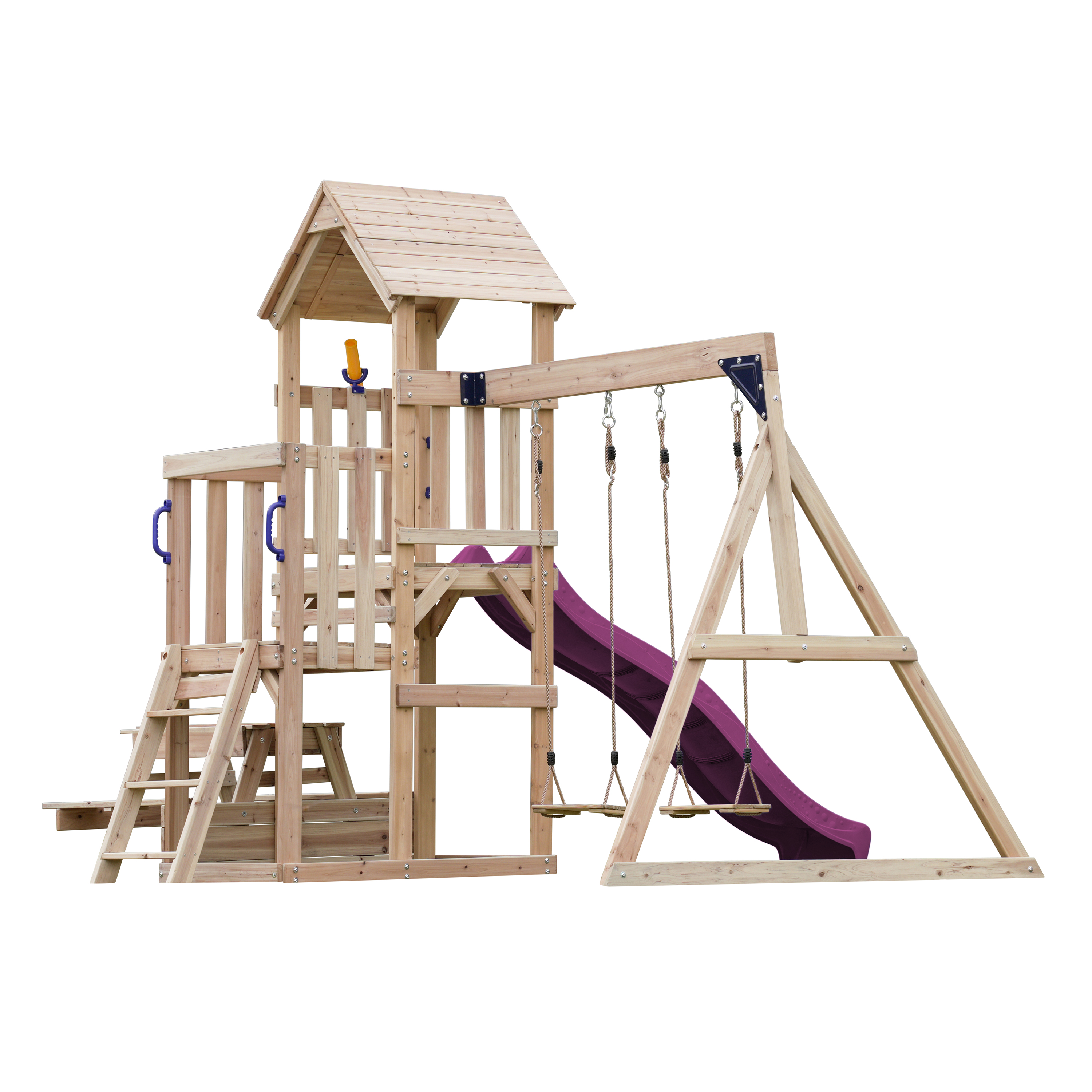 AXI Mette Aire de jeux avec balançoire double marron - violet toboggan