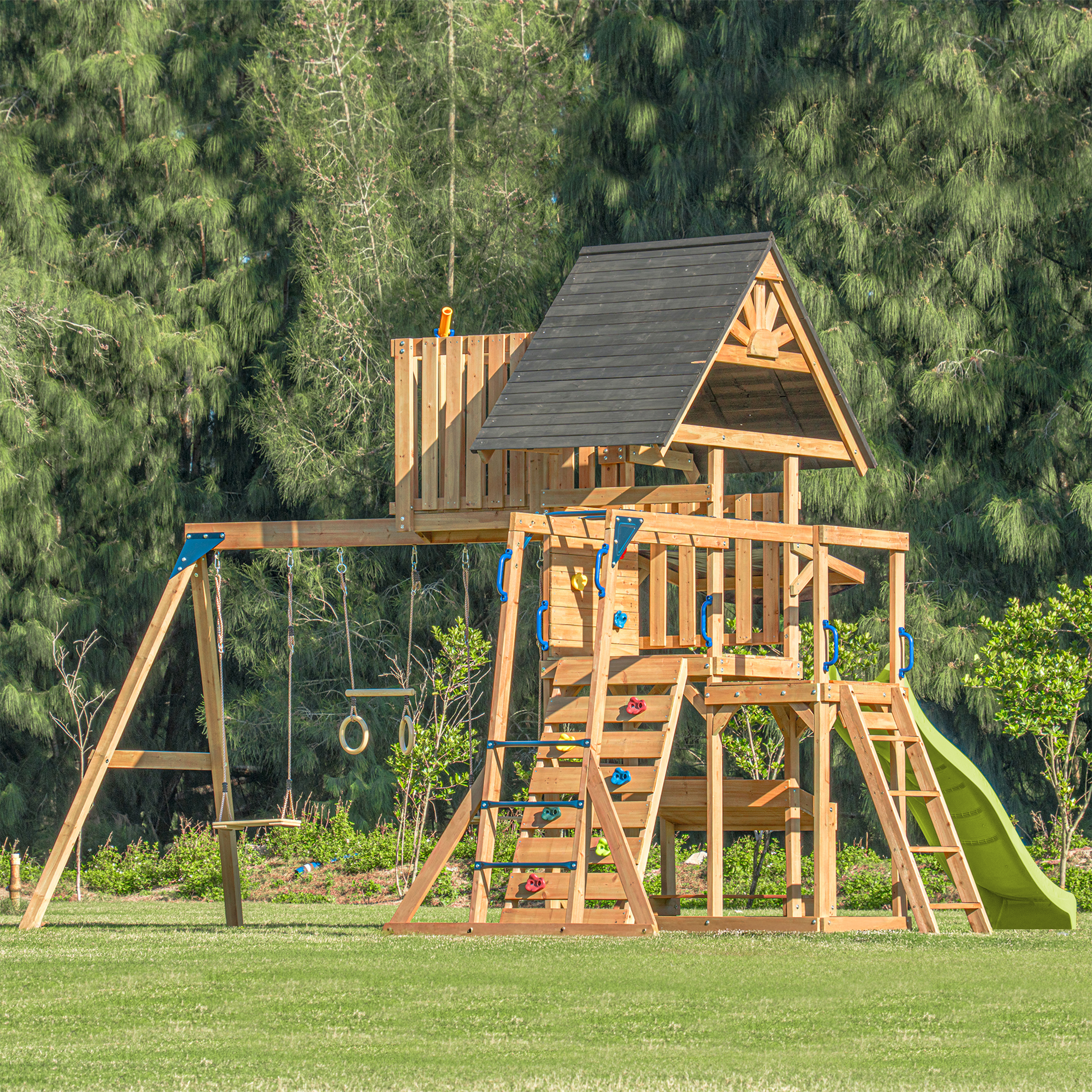 AXI Mitch Climbing Frame with Double Swing. Trapeze and Lookout Tower – Lime Green Slide