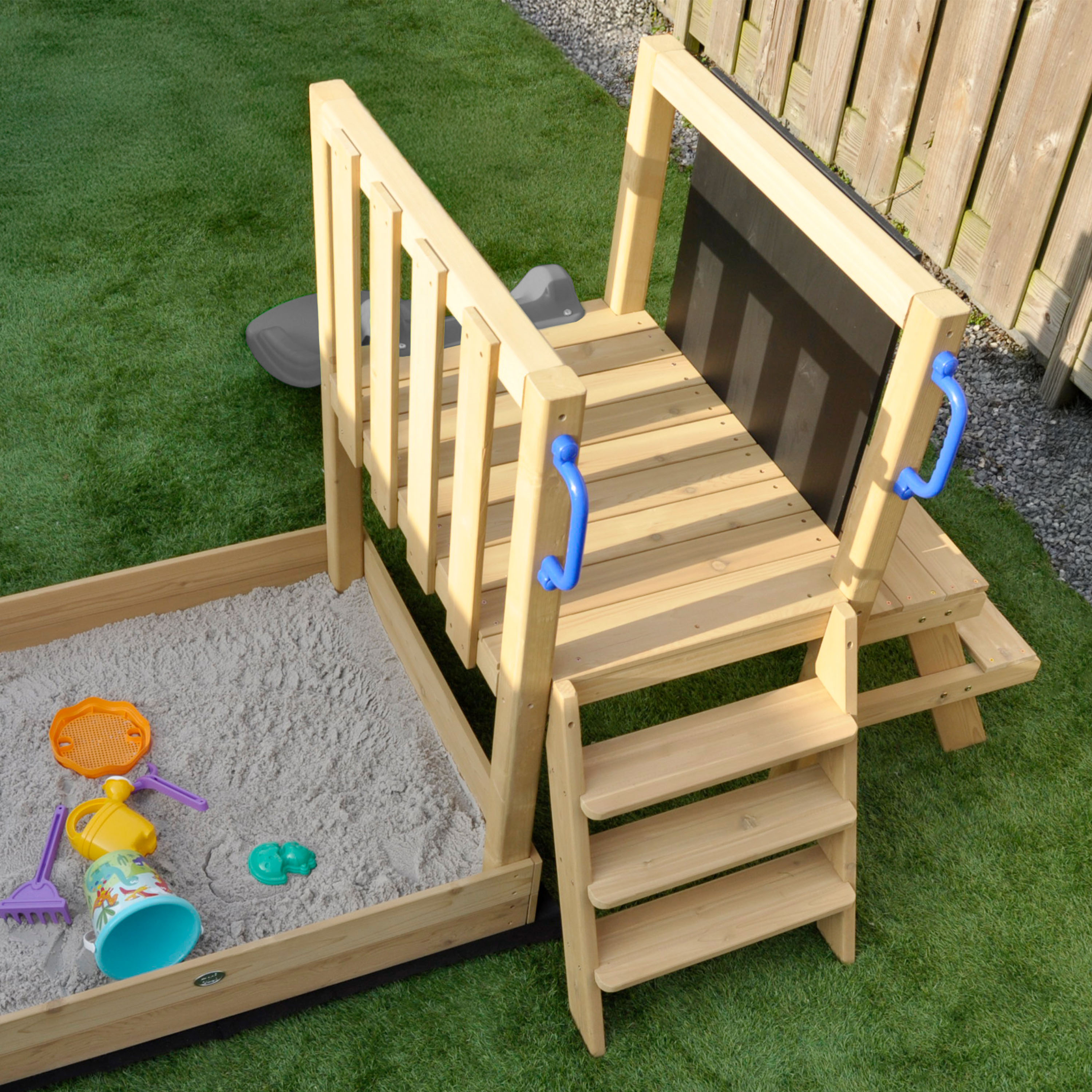 AXI Leah Mini Wooden Playtower with Sandbox. Picnic Table & Chalkboard –  Grey Slide