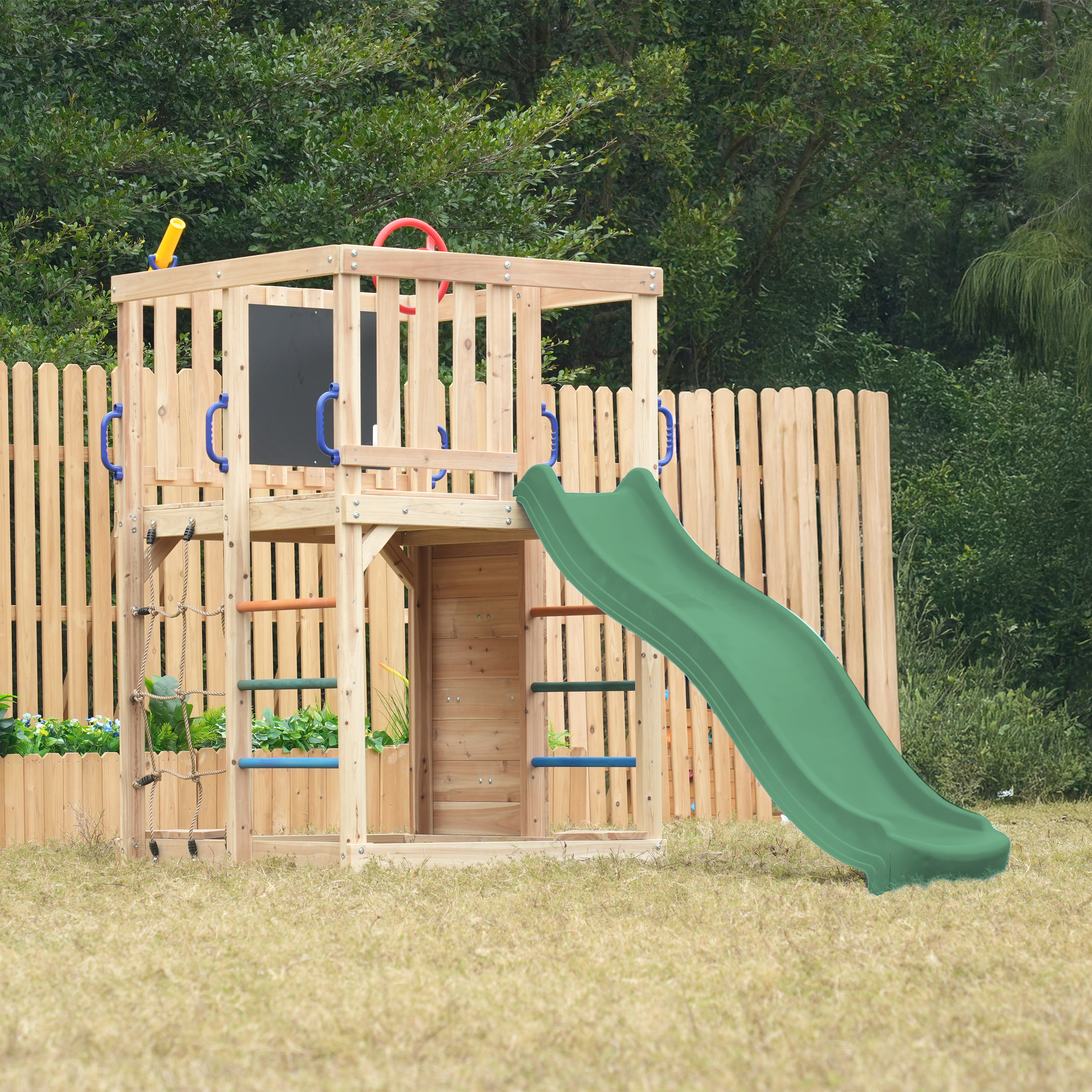 AXI Sam Climbing Frame with Climbing Wall, Climbing Net and Monkey Bars – Green Slide