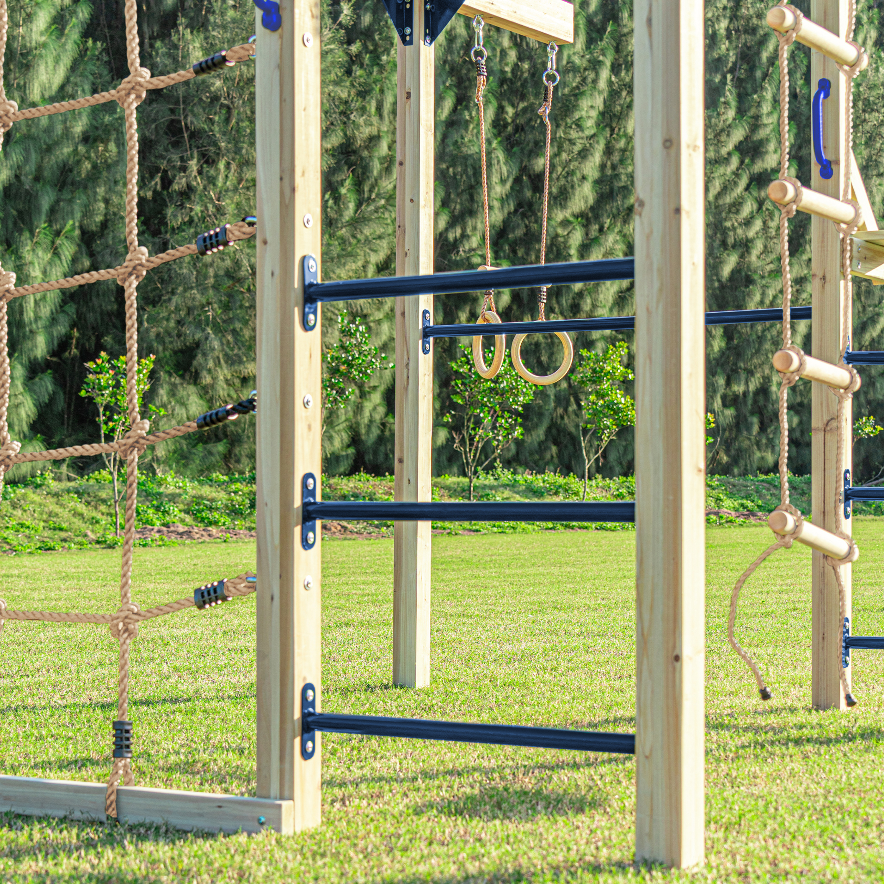 AXI Boris Wooden Playcentre with Swings, Trapeze, Climbing Nets and Monkey Bars – Red Slide