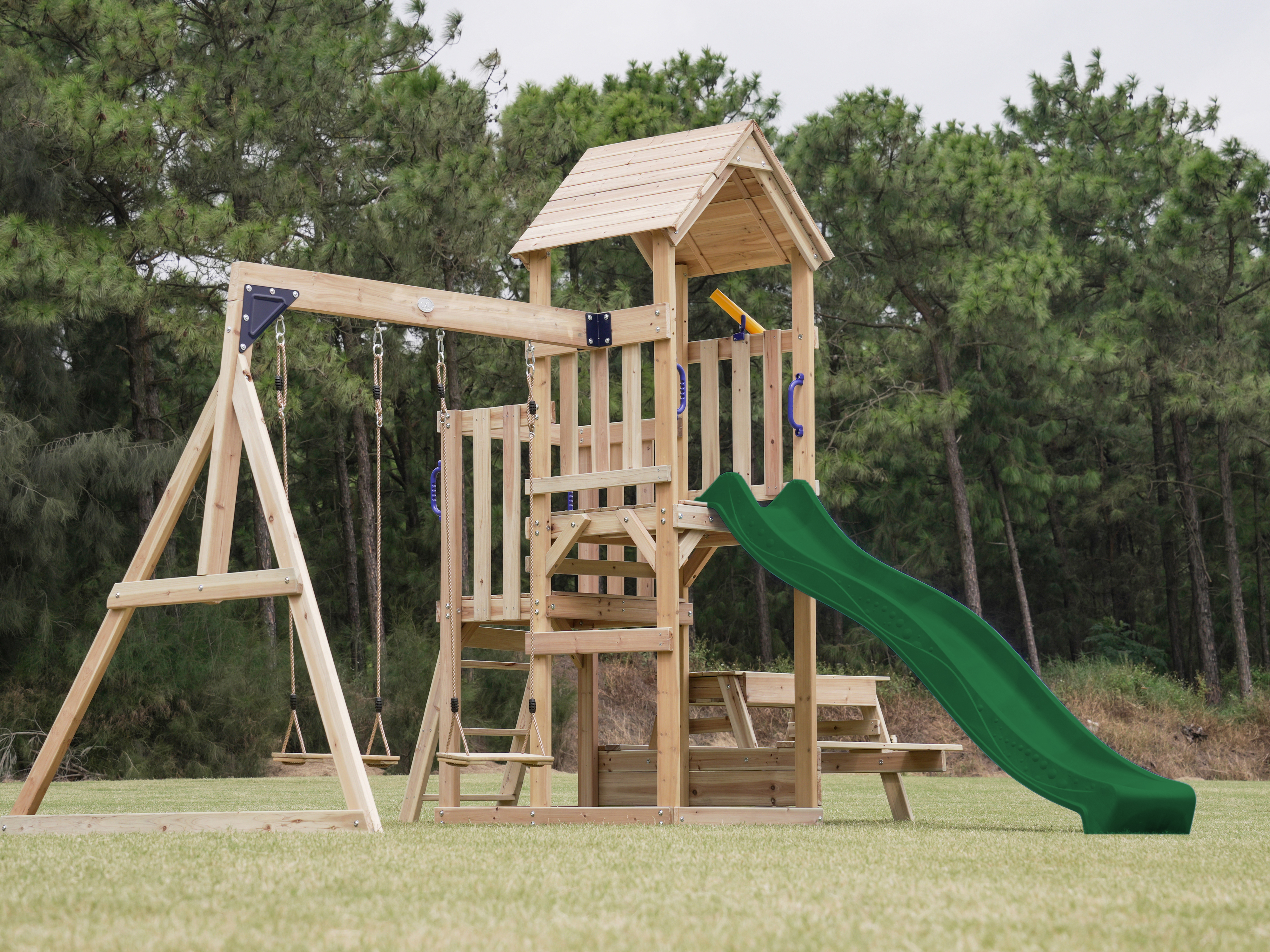AXI Mette Climbing Frame with Double Swing Set and Picnic Table - Green Slide