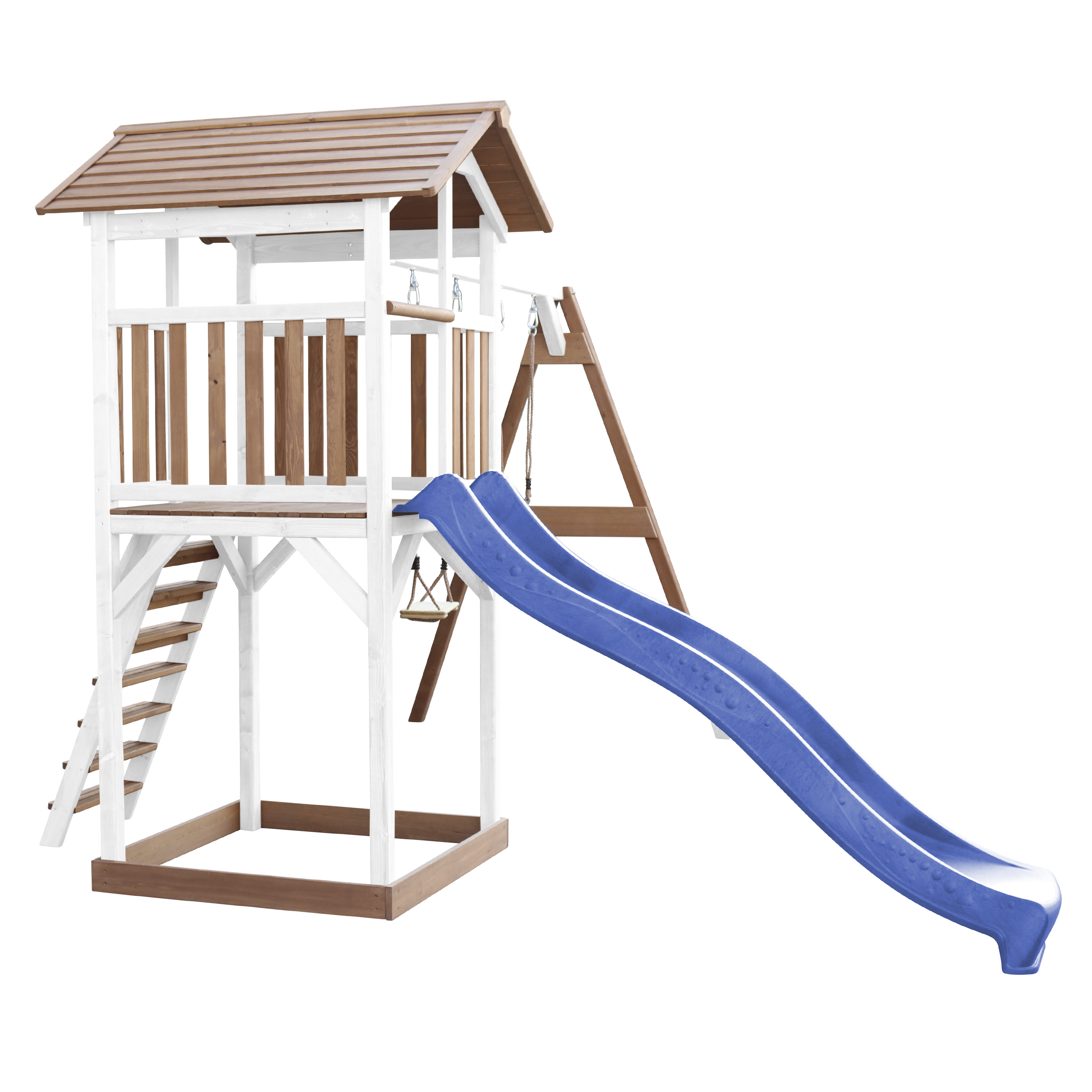 AXI Beach Tower with Double Swing Set Brown/White - Blue Slide-8717973939207 AXI Beach Tower with Double Swing Set Brown/White - Blue Slide