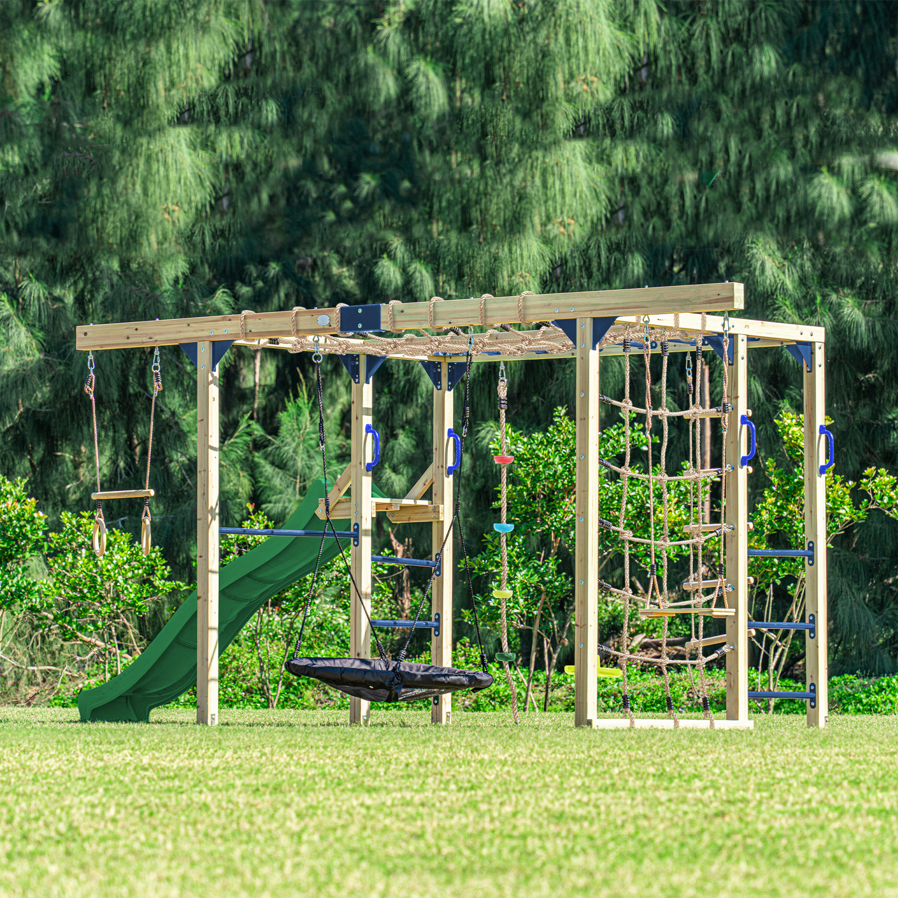 AXI Boris Wooden Playcentre with Swings, Trapeze, Climbing Nets and Monkey Bars – Green Slide