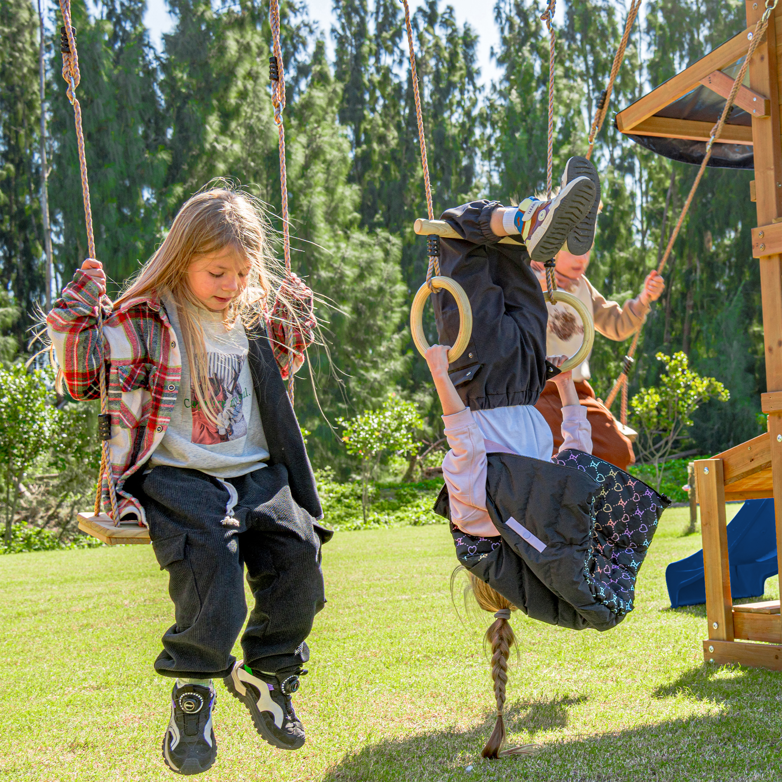 AXI Mitch Climbing Frame with Double Swing, Trapeze and Lookout Tower – Blue Slide