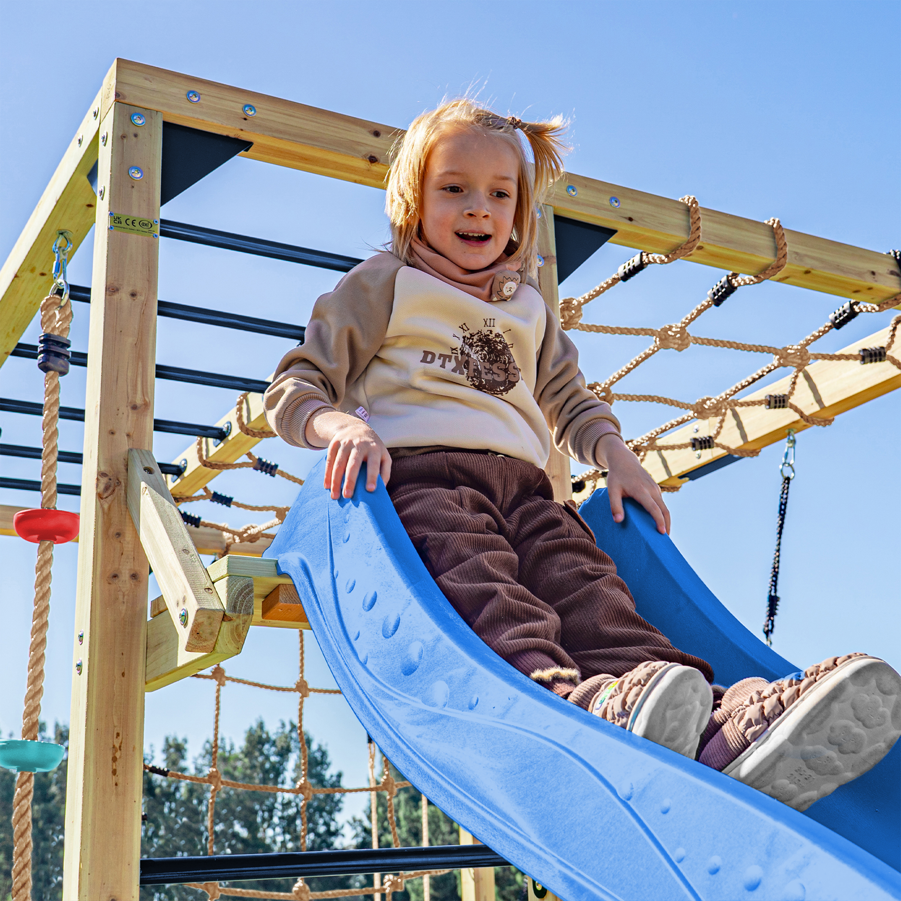 AXI Boris Wooden Playcentre with Swings, Trapeze, Climbing Nets and Monkey Bars – Blue Slide