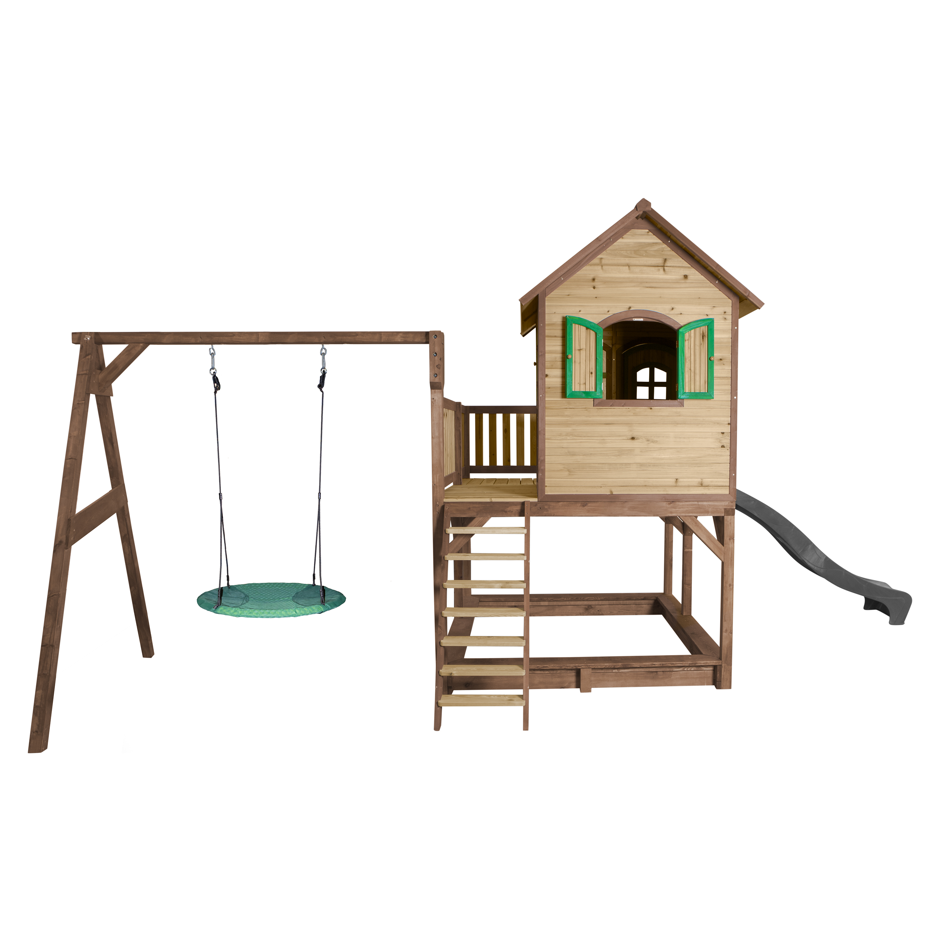 AXI Liam Playhouse with Summer Nest Swing Set Brown/Green - Grey Slide-8717973937685 AXI Liam Playhouse with Summer Nest Swing Set Brown/Green - Grey Slide