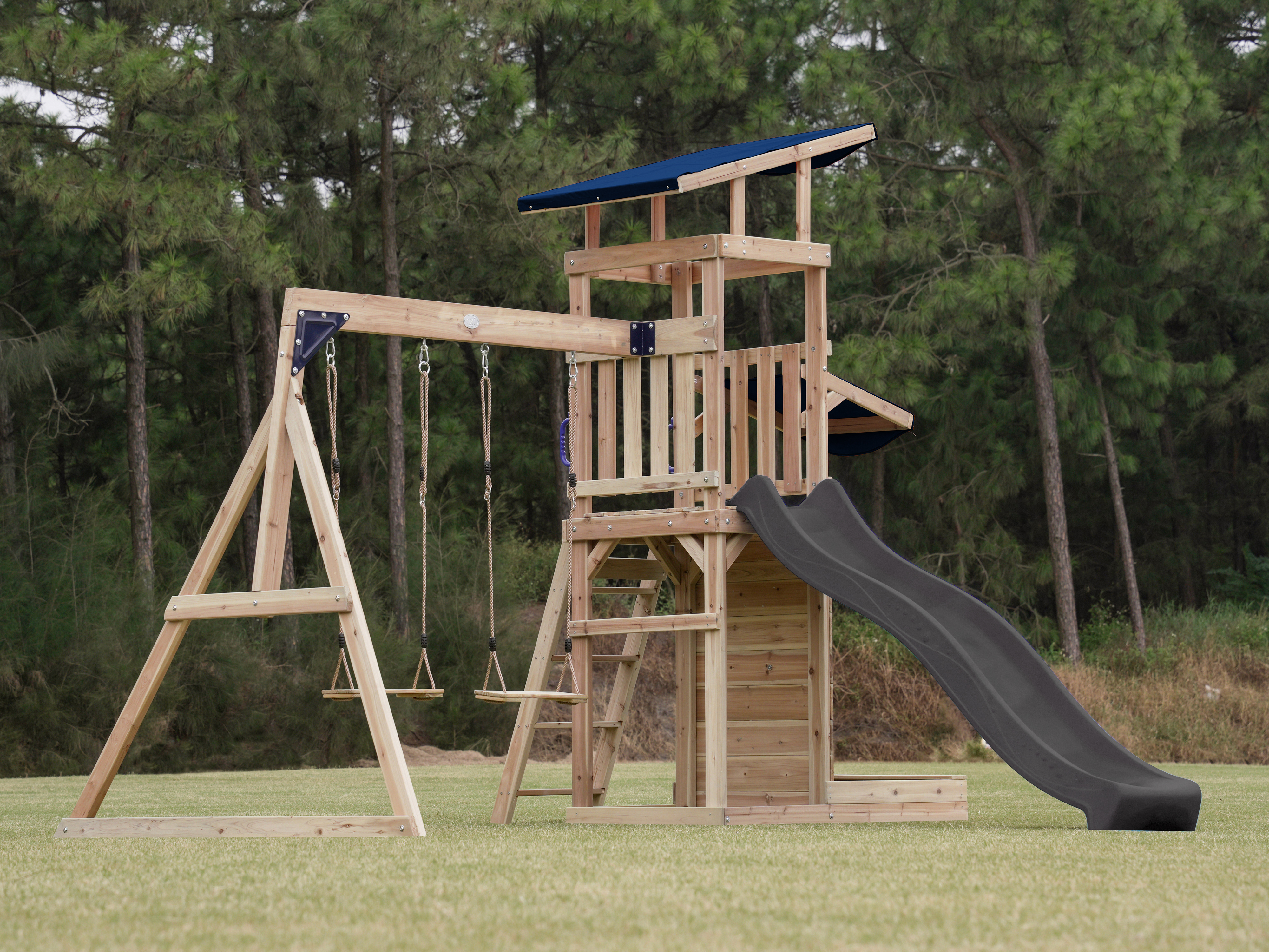 AXI Aire de jeux Malik avec Double Balançoire Marron - Toboggan Gris 