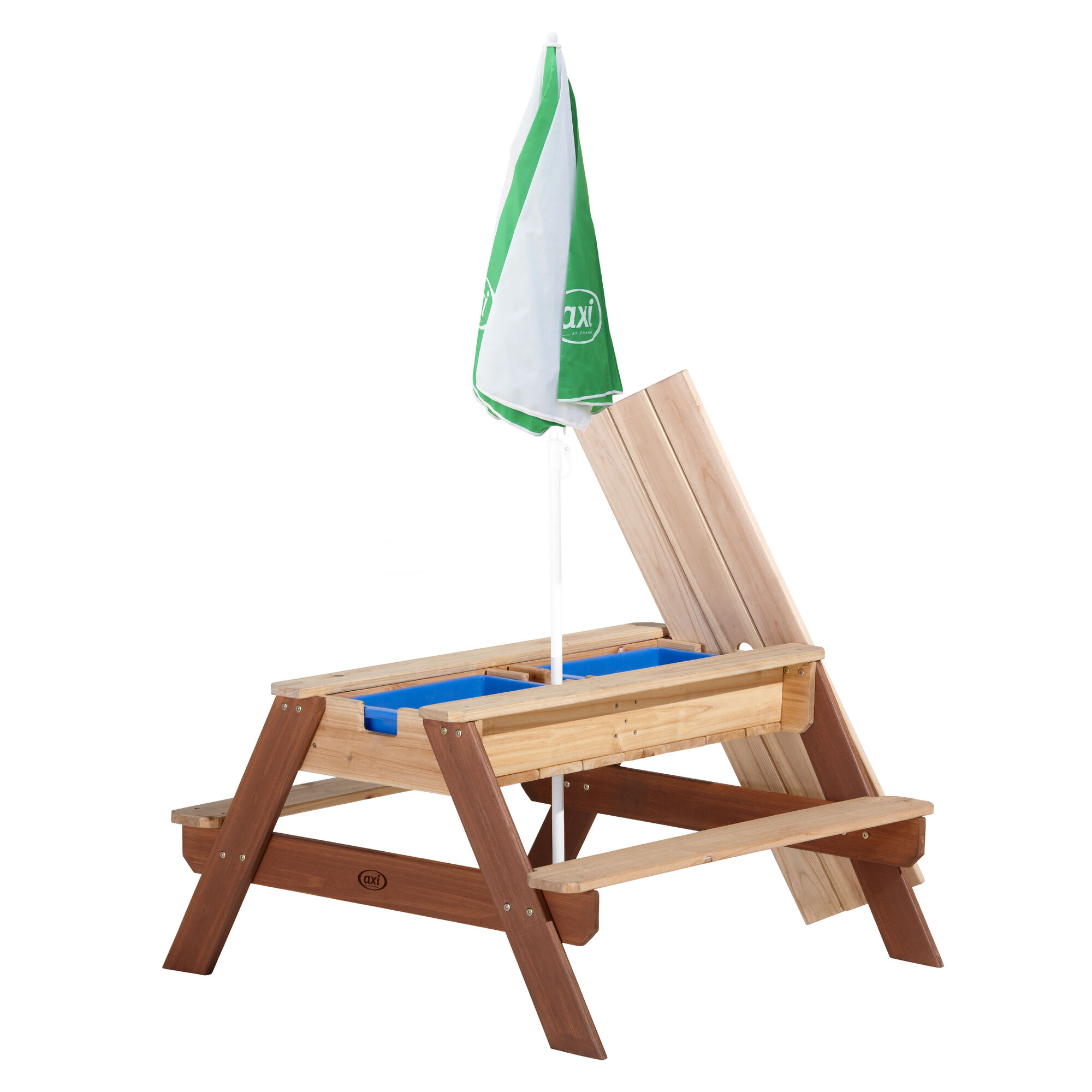 productfoto AXI Nick Zand & Water Picknicktafel Bruin - Parasol Groen/wit