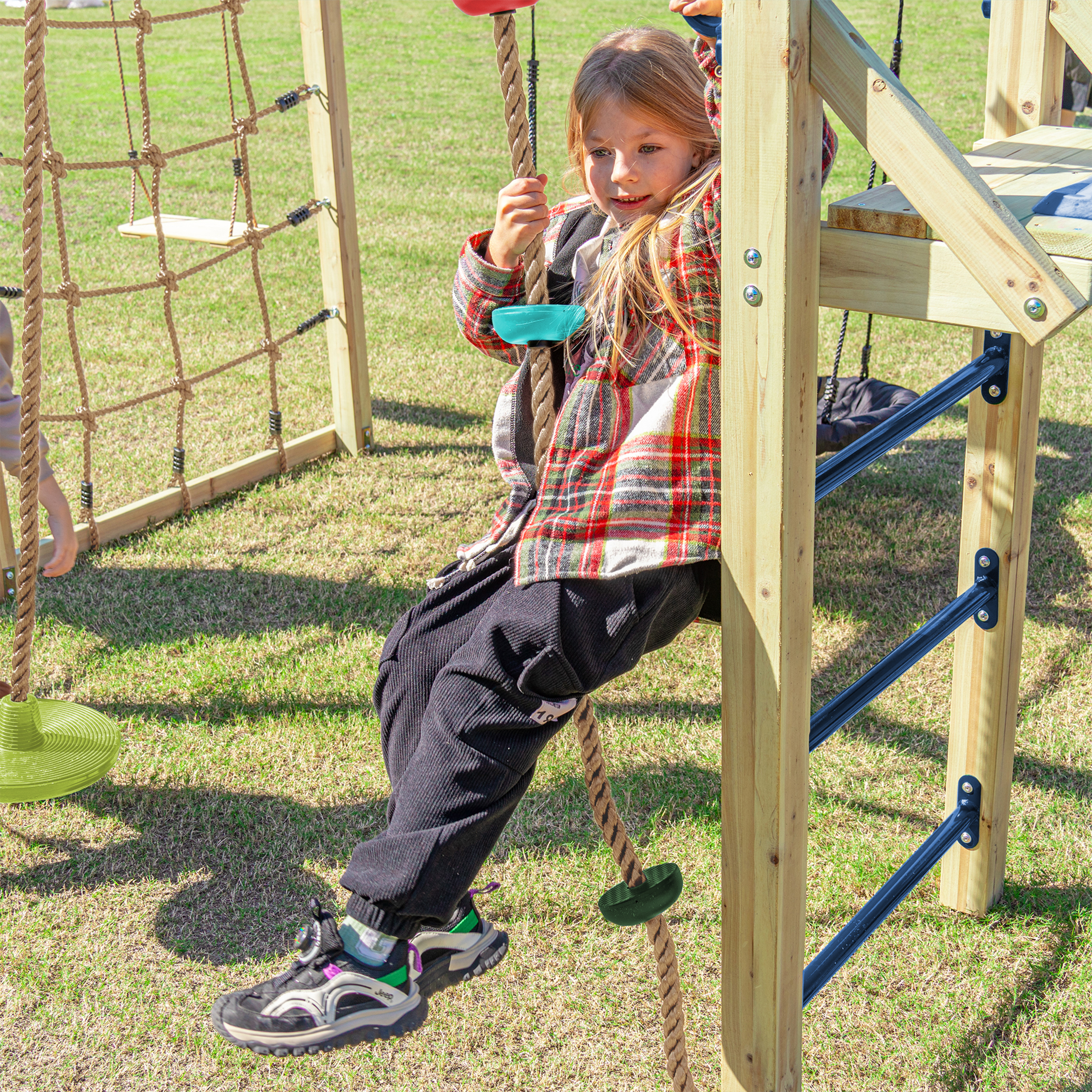 AXI Boris Wooden Playcentre with Swings. Trapeze. Climbing Nets and Monkey Bars – Lime Green Slide