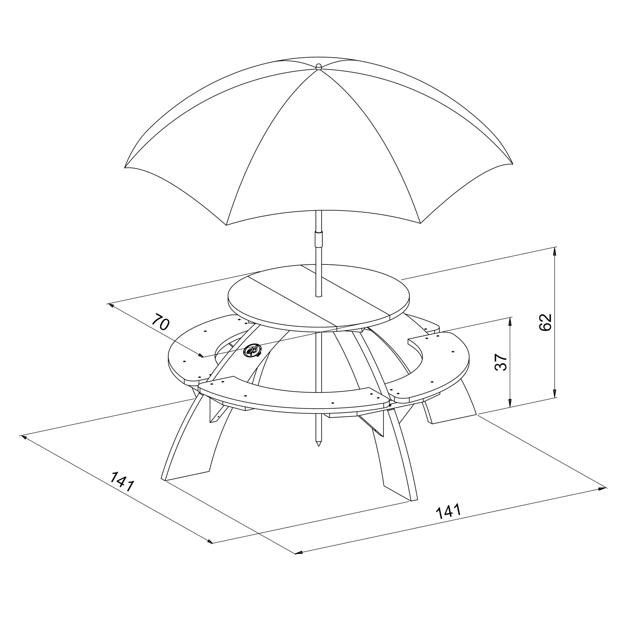 maattekening AXI Orion Picknicktafel Grijs/wit - Parasol Blauw