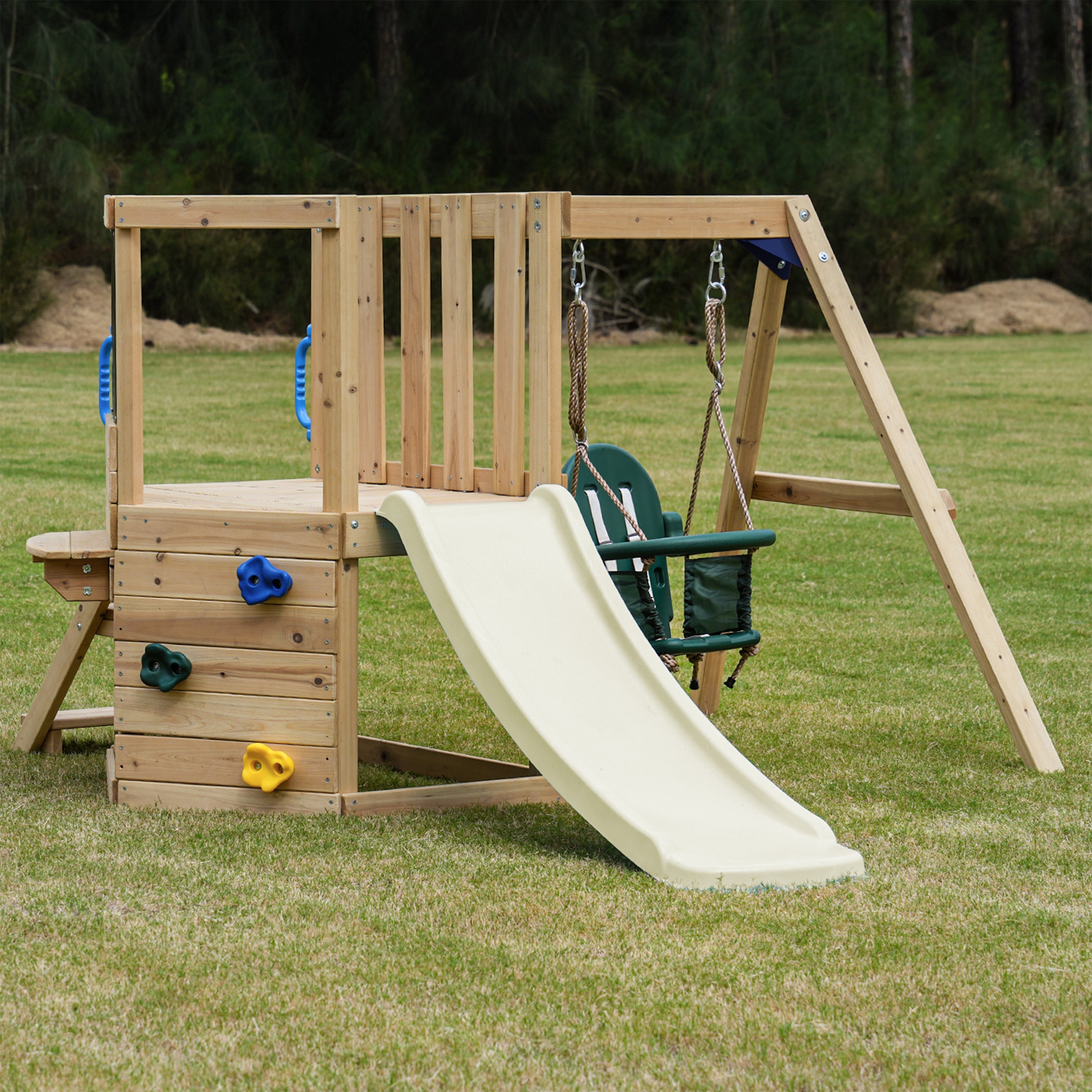 AXI Timo Mini Climbing Frame with Baby Swing, Climbing Wall and Chalkboard – Cream Slide