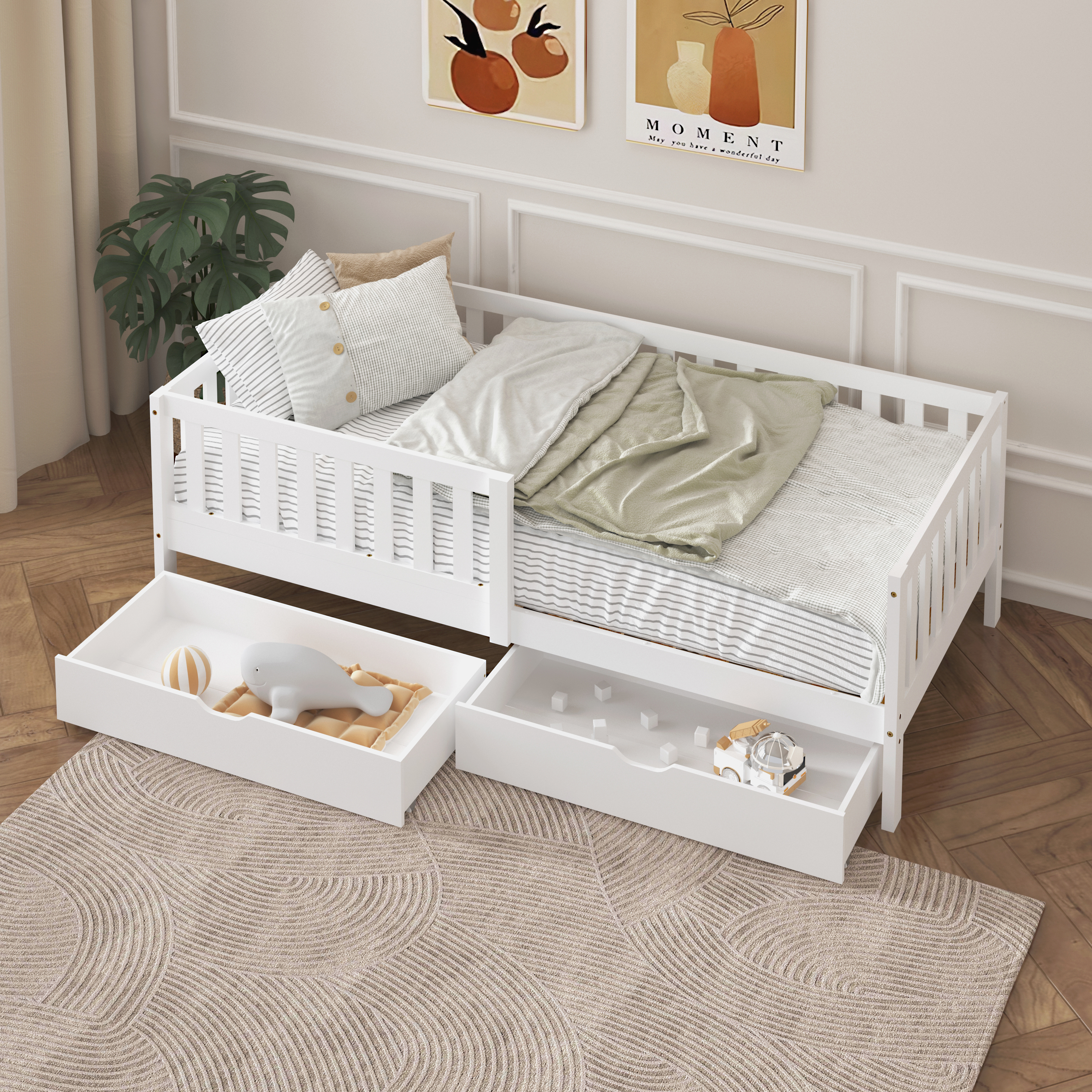 Sunny Isa Kids Bed with 2 Storage Drawers and Guardrail White – Without Mattress-8720365068553 Sunny Isa Kids Bed with 2 Storage Drawers and Guardrail White – Without Mattress