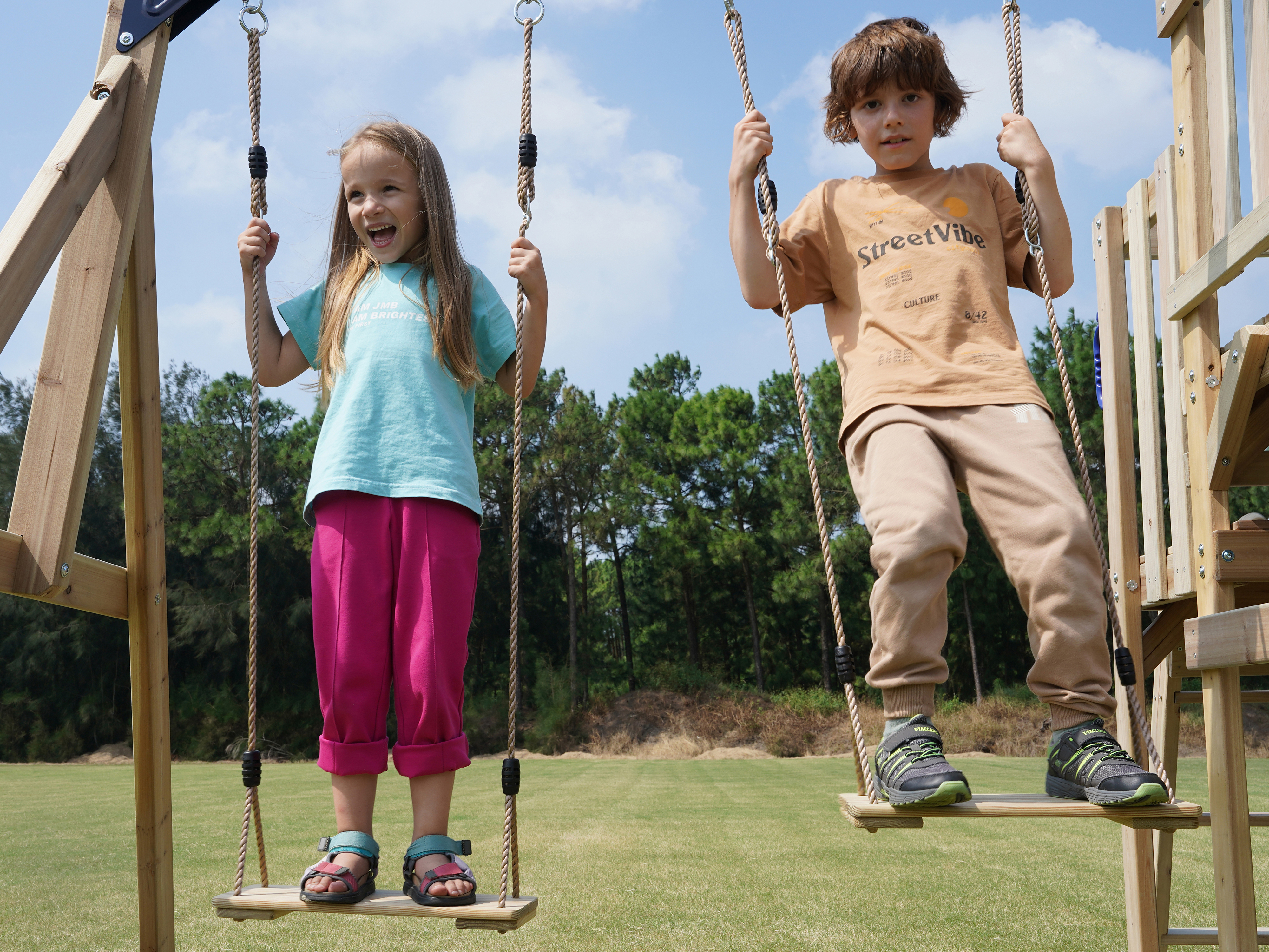 AXI Mette Climbing Frame with Double Swing Set and Picnic Table - Pastel Blue Slide