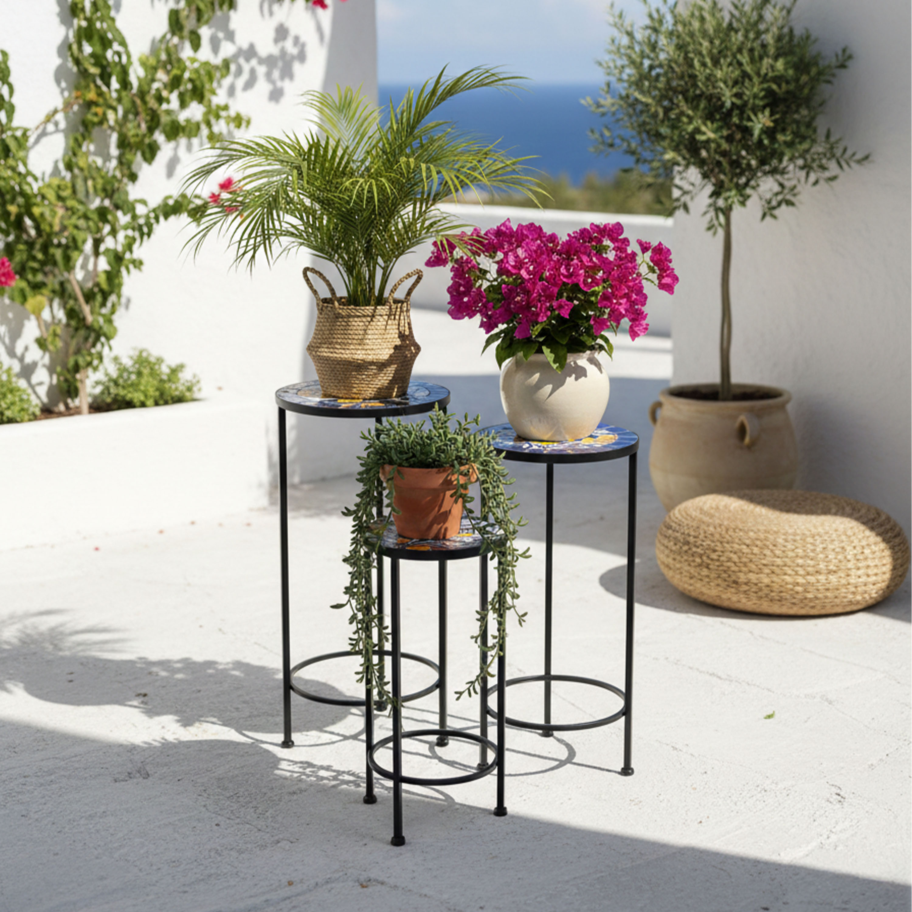 AXI Lola Mosaic Plant Table Round Mediterranean Style – Blue/Yellow – Set of 3