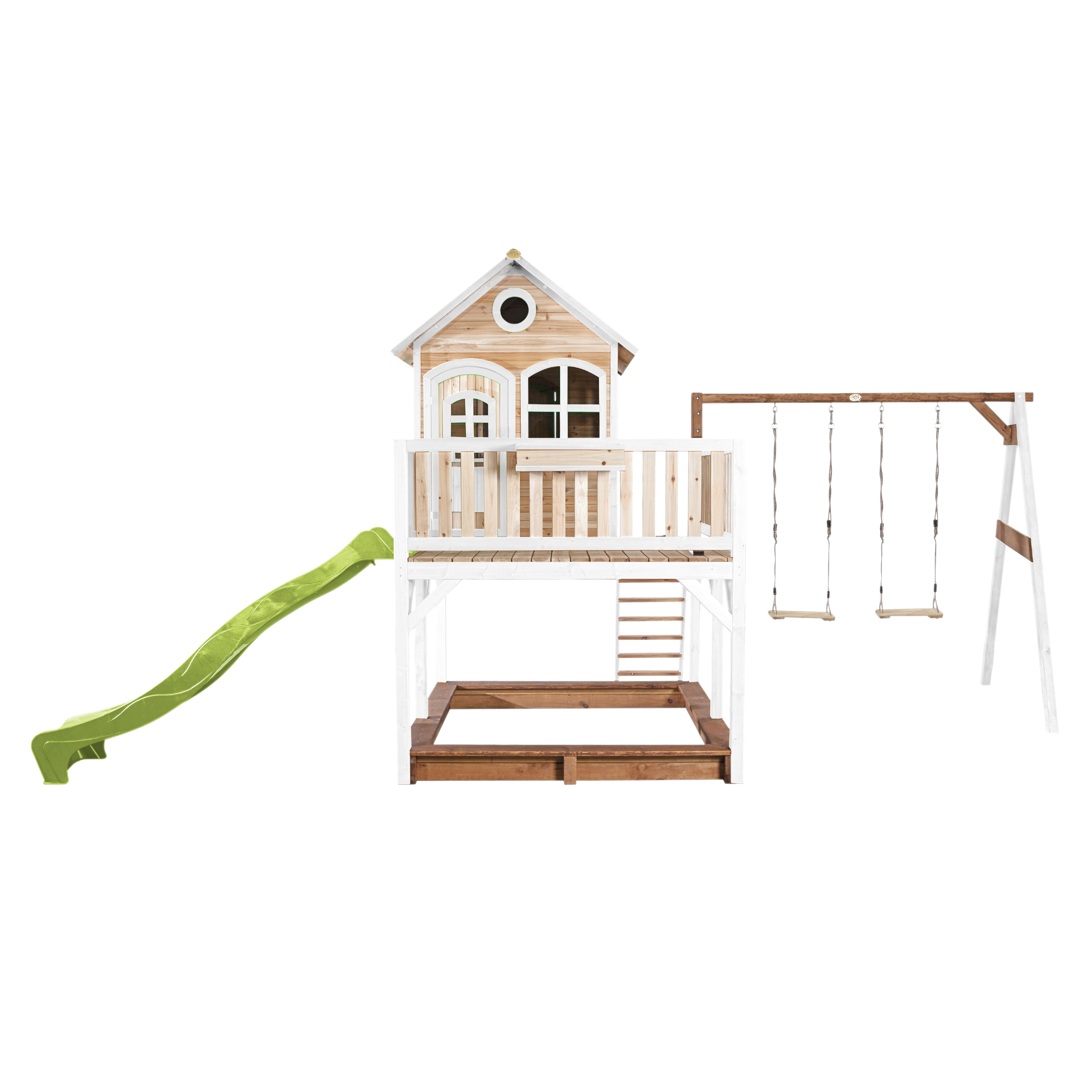 AXI Liam Maisonnette en bois Marron/Blanche avec 2 Balançoires - Toboggan Vert Citron AXI Liam Maisonnette en bois Marron/Blanche avec 2 Balançoires - Toboggan Vert Citron