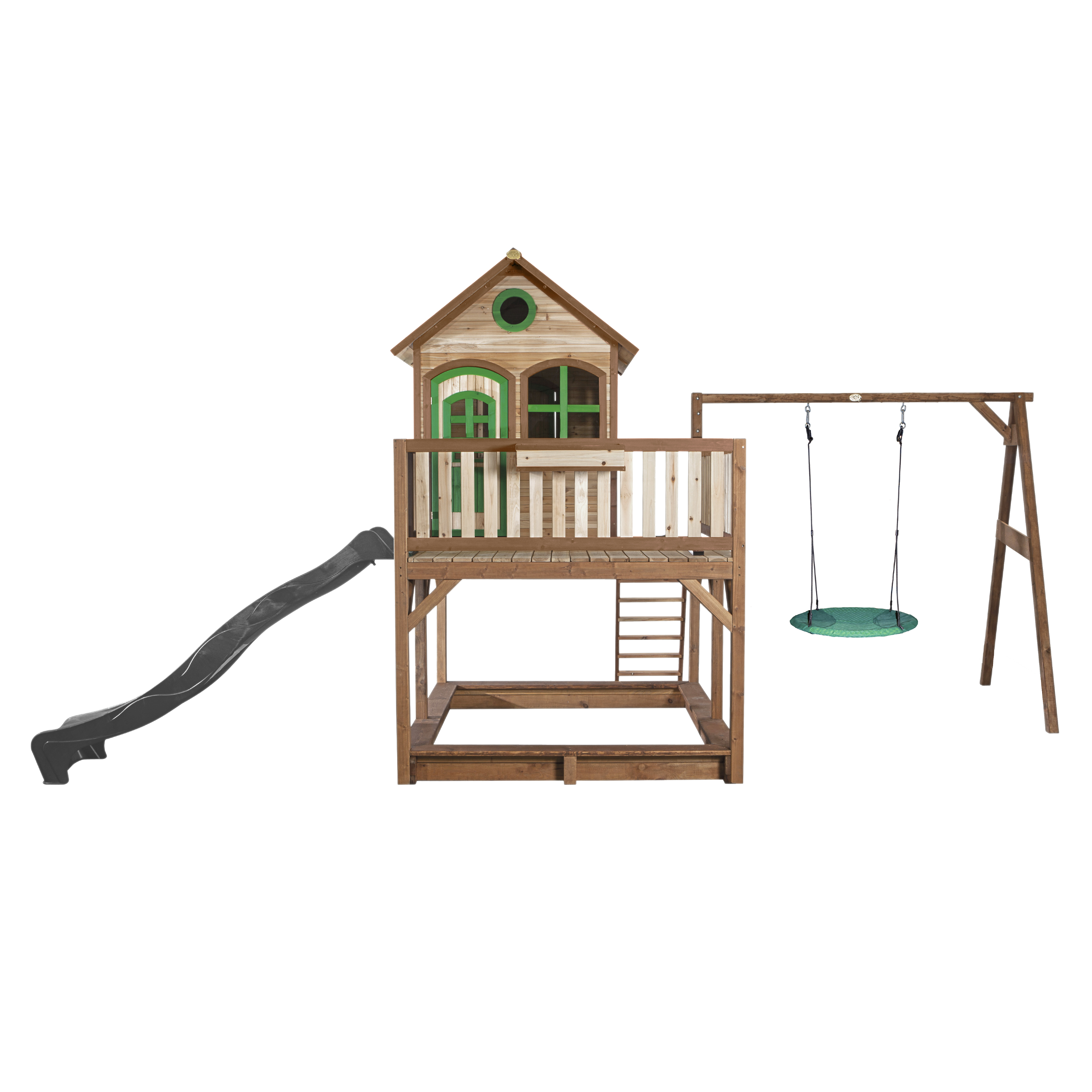 AXI Liam Playhouse with Summer Nest Swing Set Brown/Green - Grey Slide-8717973937685 AXI Liam Playhouse with Summer Nest Swing Set Brown/Green - Grey Slide