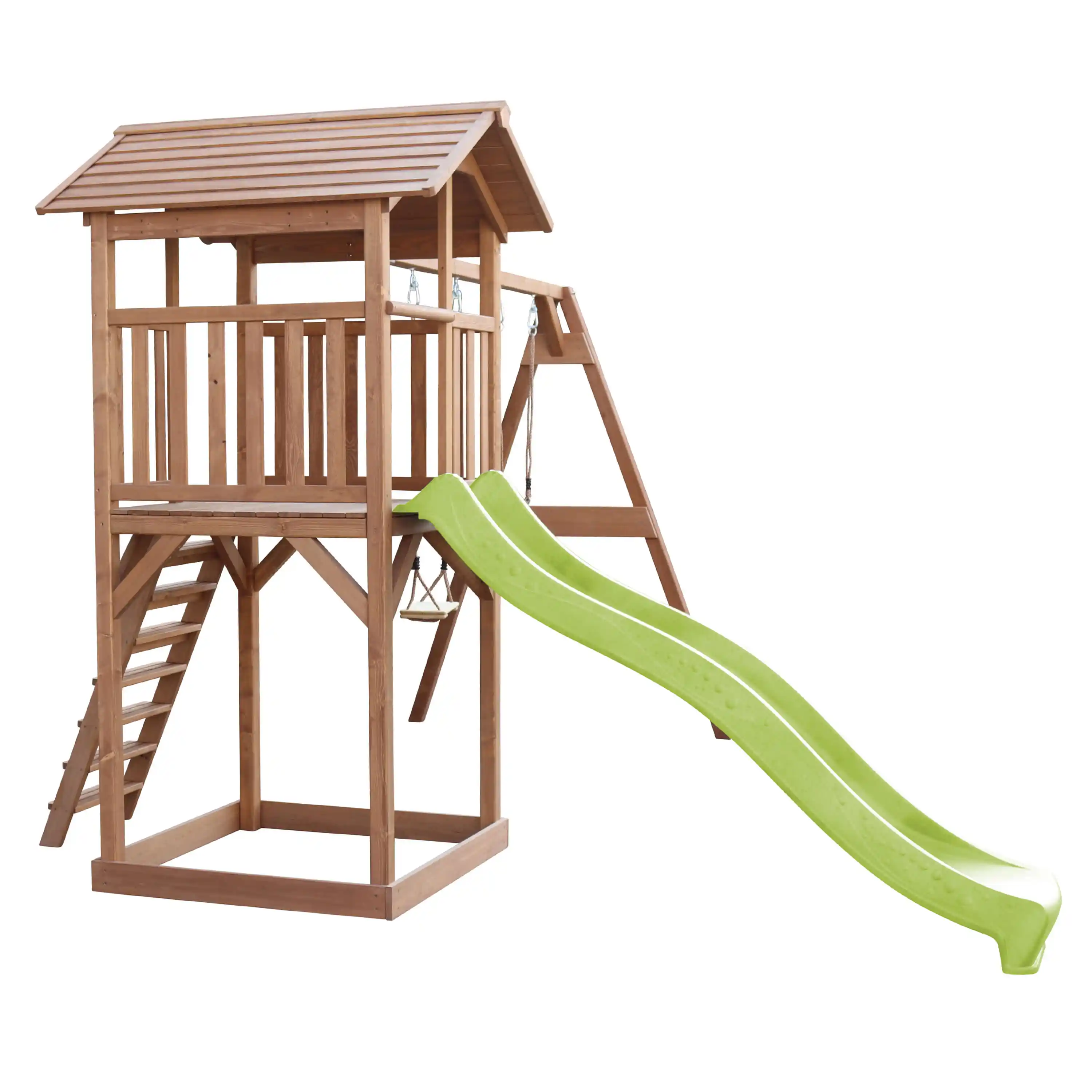 AXI Beach Tower Aire de jeux Marron avec 2 Balançoires - Toboggan Vert Citron