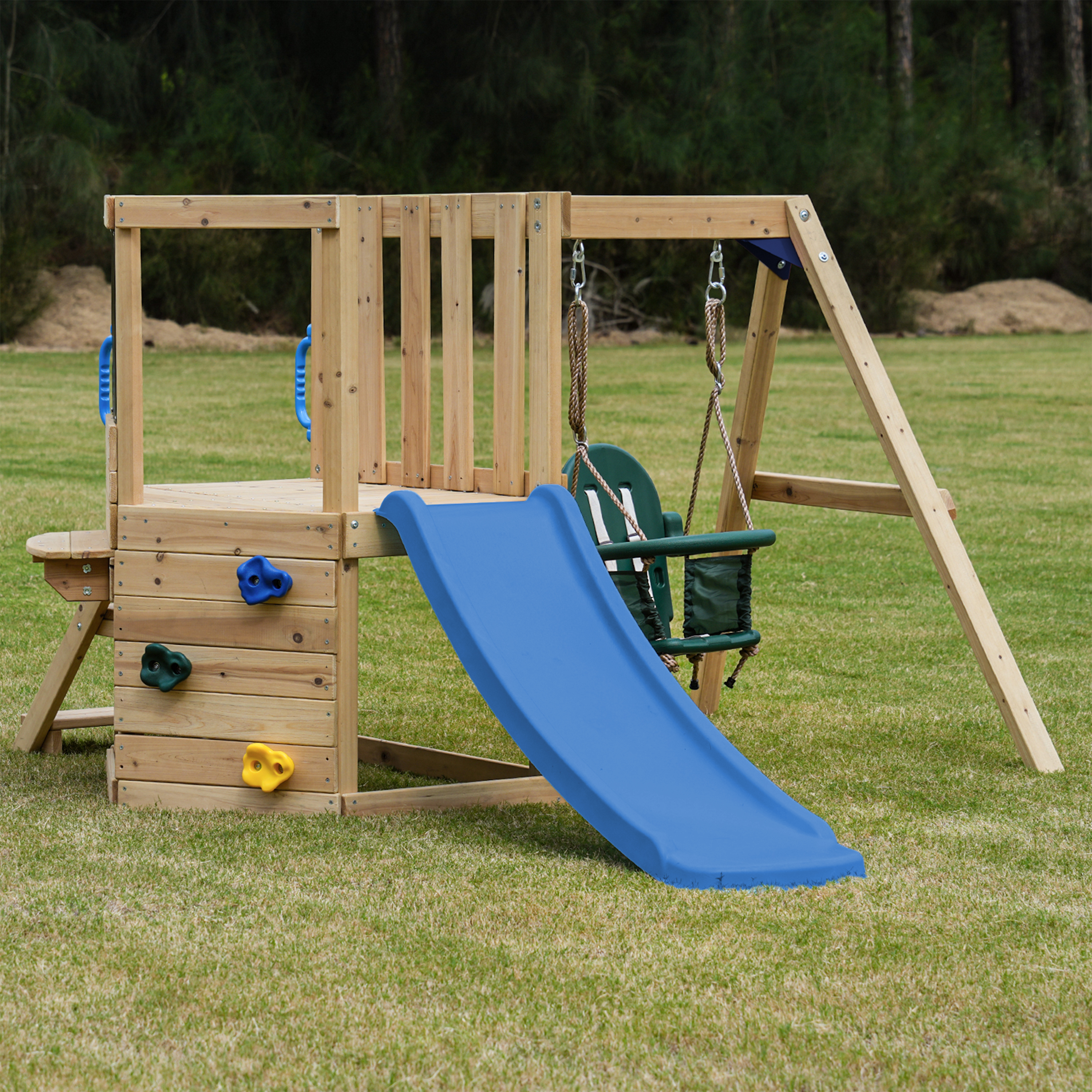 AXI Timo Mini Climbing Frame with Baby Swing, Climbing Wall and Chalkboard – Blue Slide