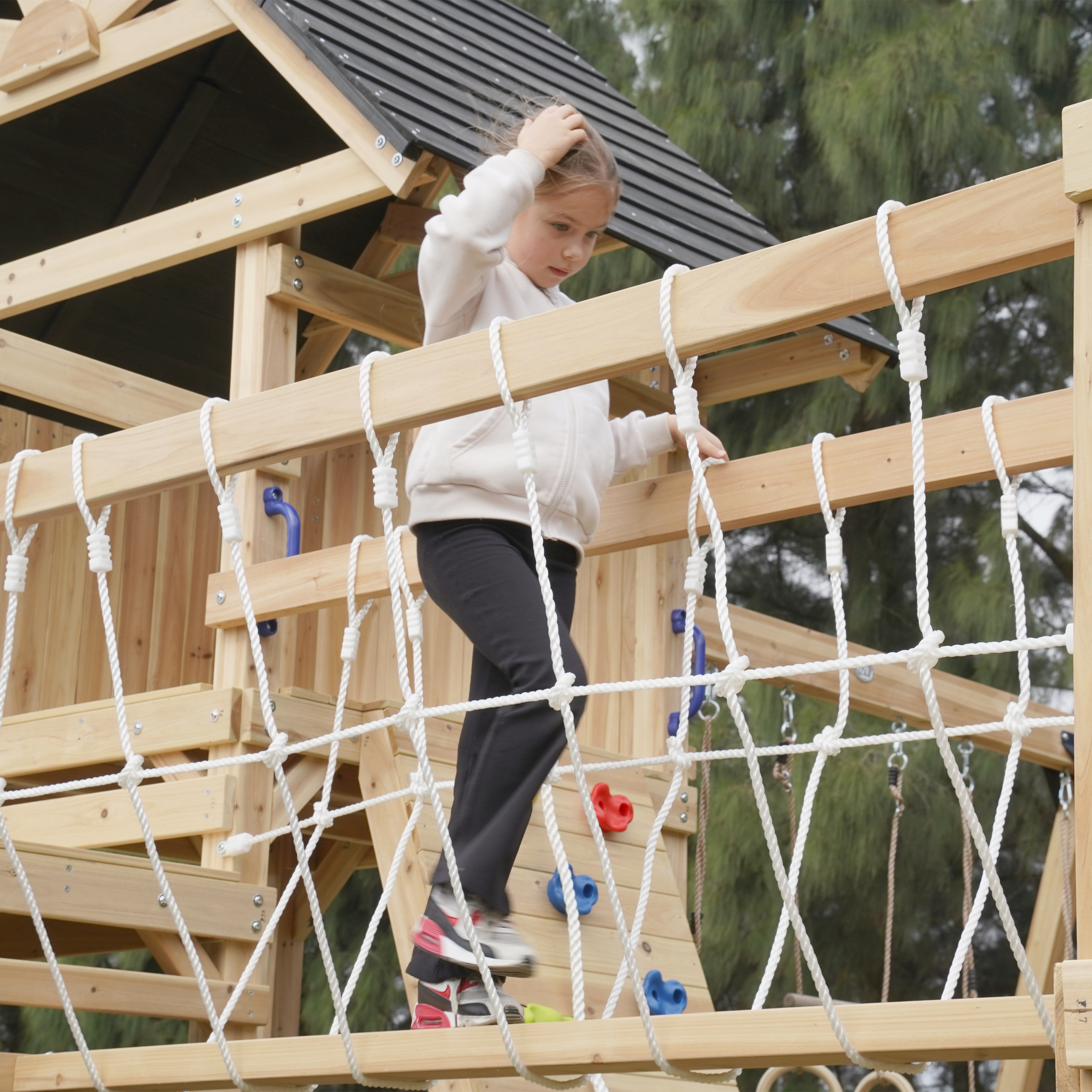 AXI Hunter Climbing Frame with Swings, Climbing Frame, Climbing Bridge and Multiple Platforms – Pastel Green Double Slide