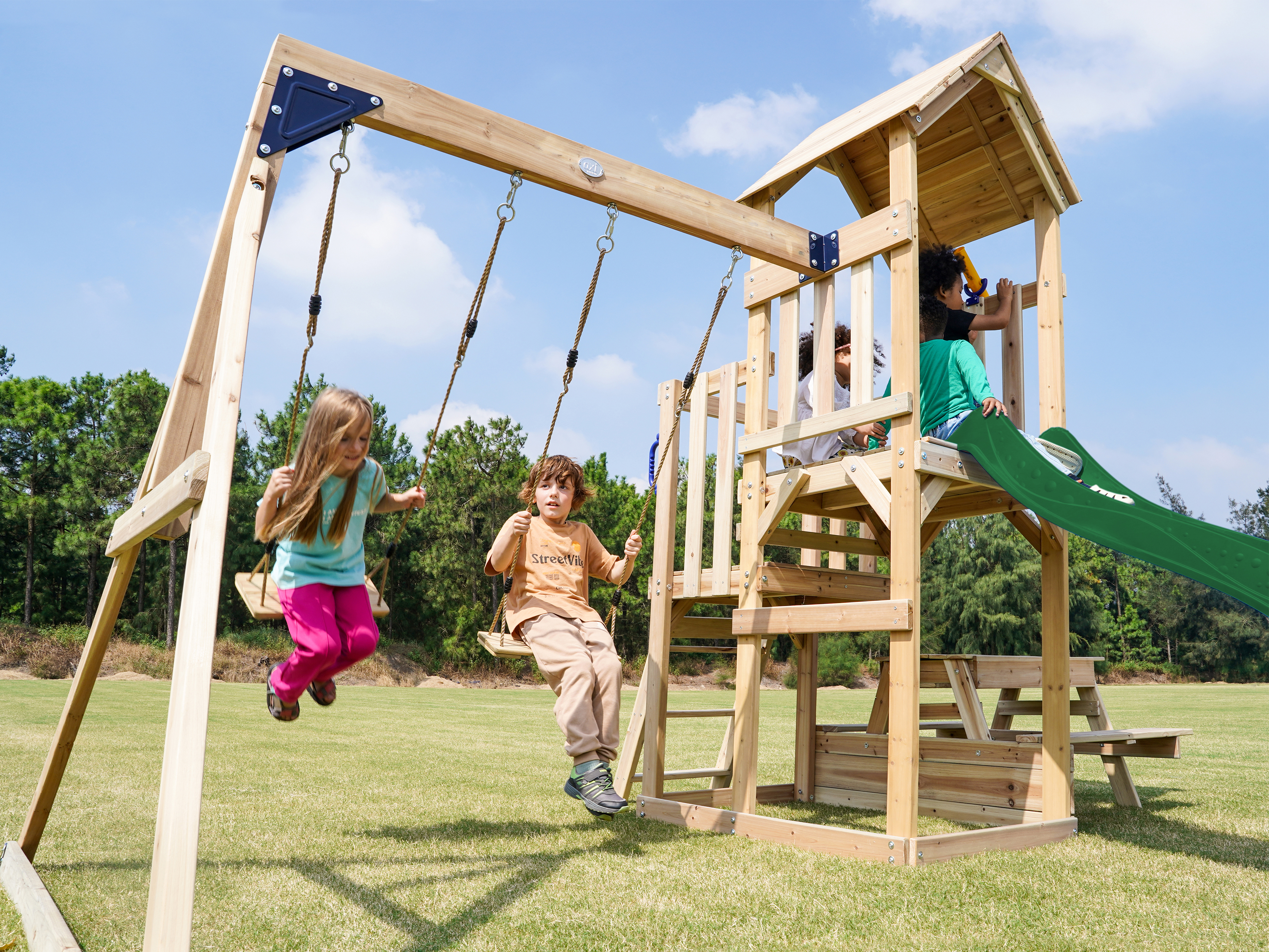 AXI Mette Climbing Frame with Double Swing Set and Picnic Table - Green Slide