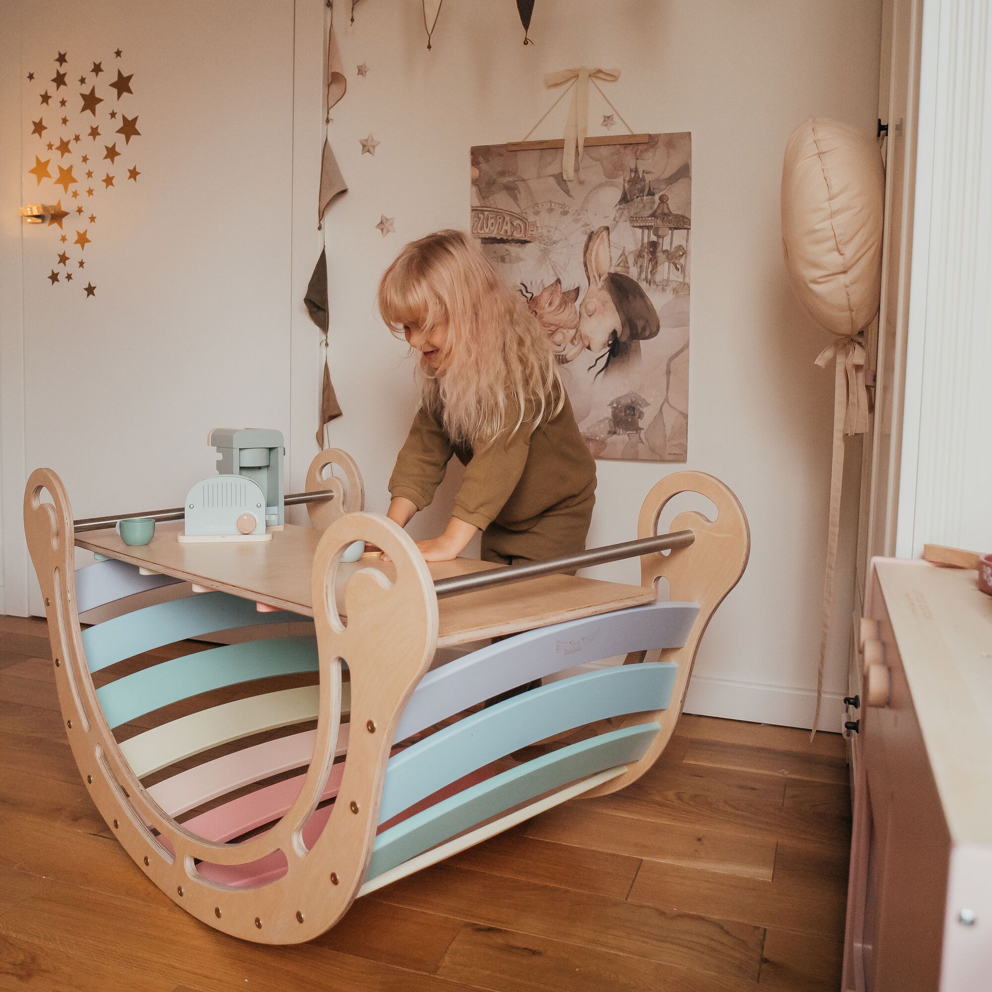 KateHaa Houten XXL Waldorf Rocker met Klimwand Pastel