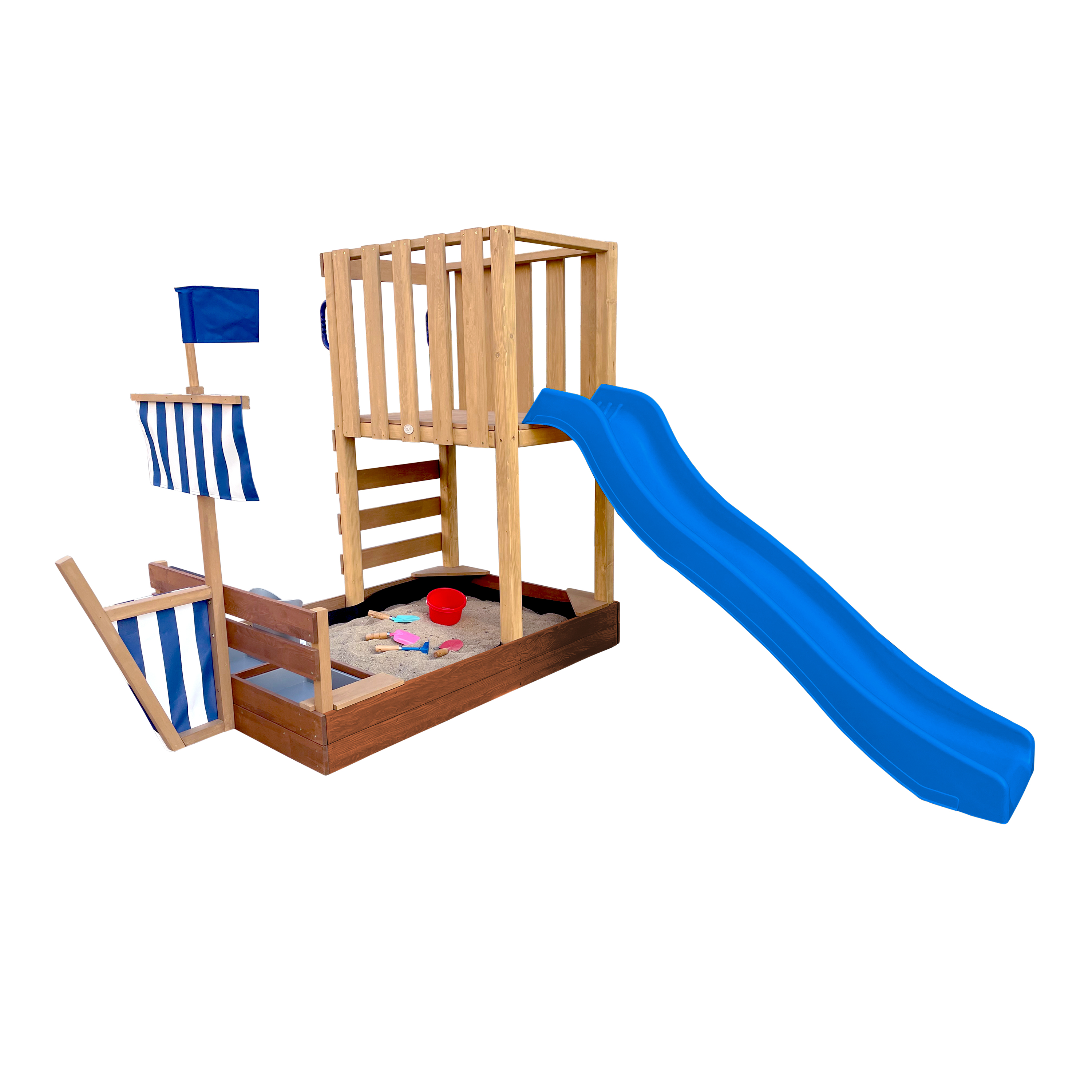 AXI Vicky Aire de jeux avec bac à sable, cuisine de jeu et tableau noir - toboggan bleu