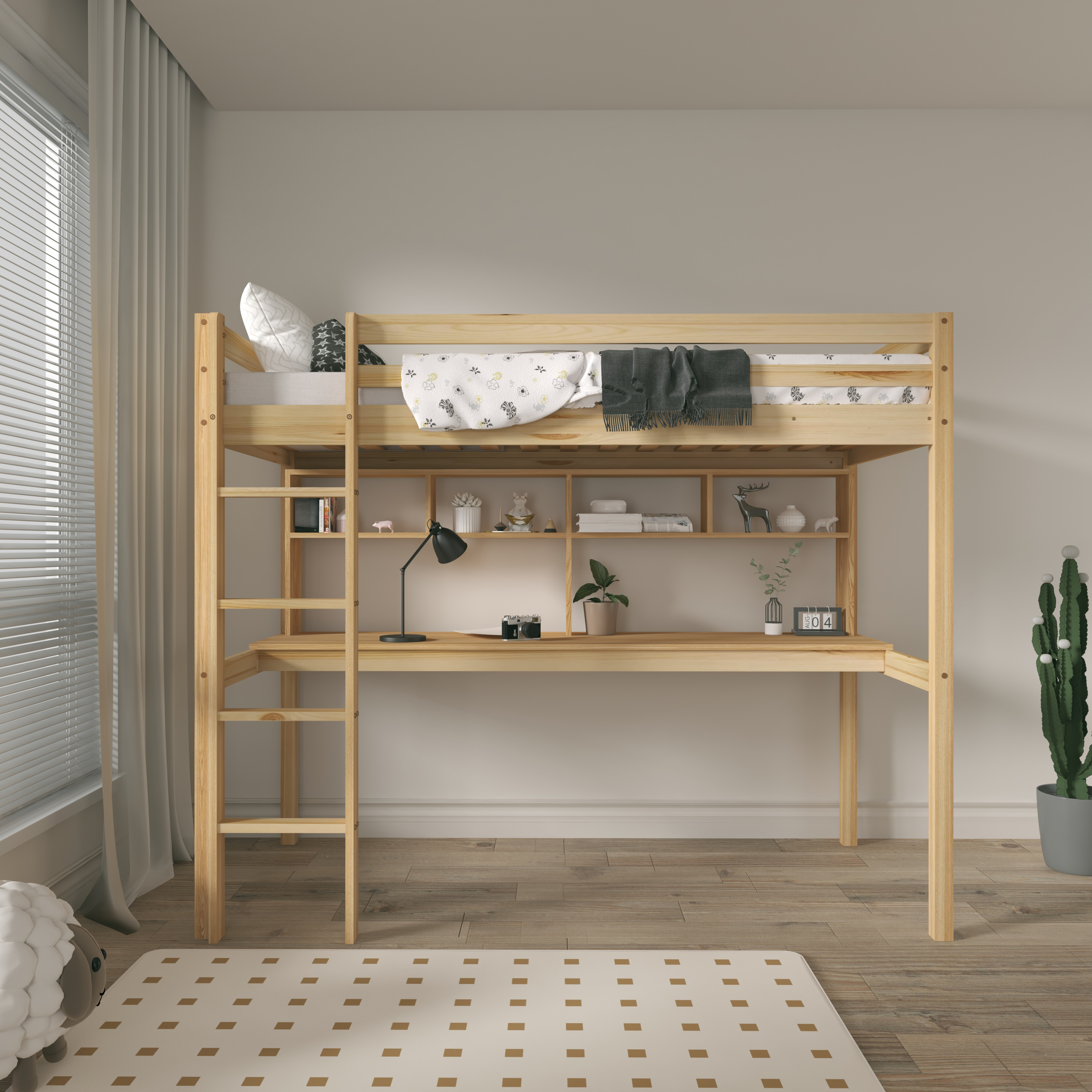 Sunny Sil Loft Bed with Desk Natural – With Mattress