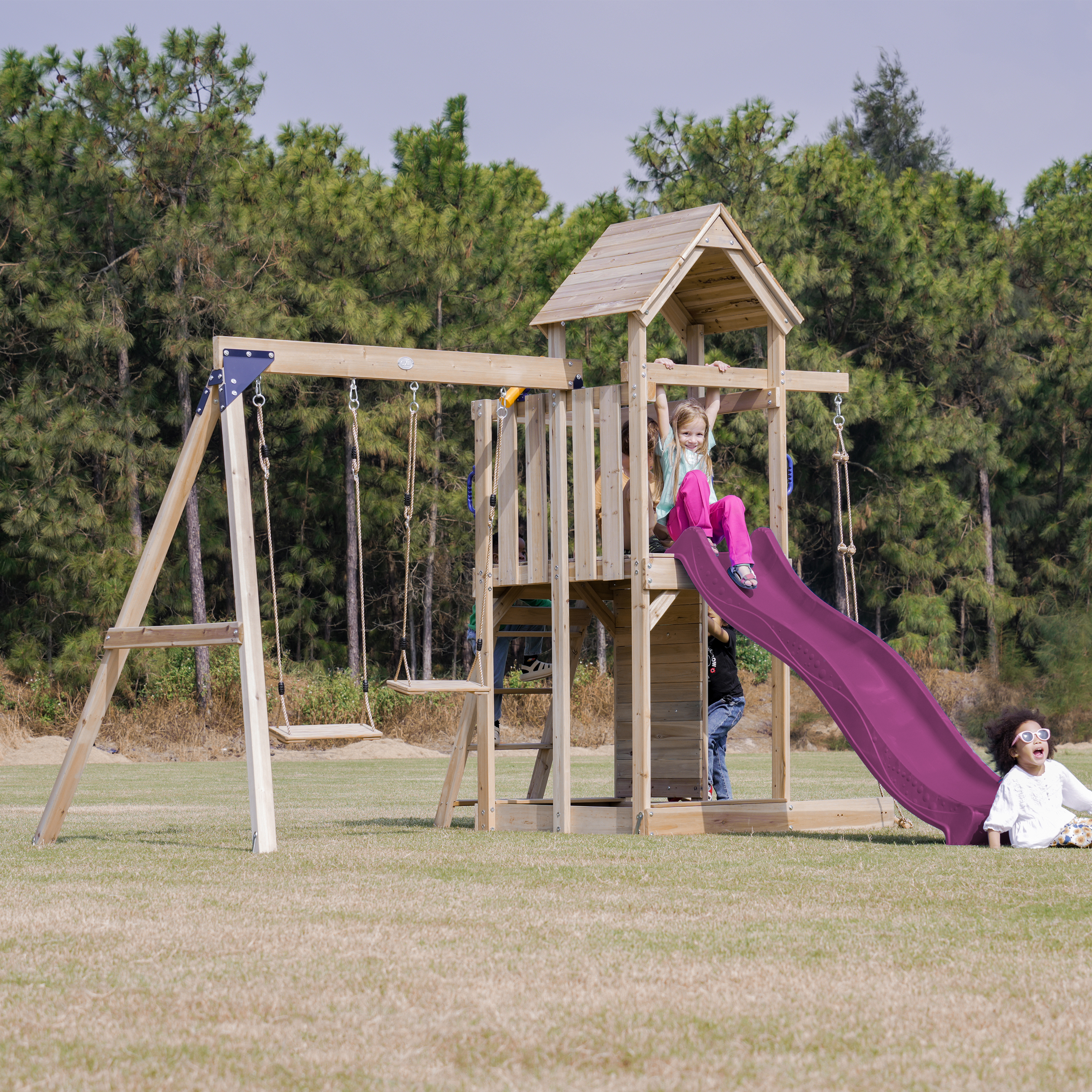 AXI Moos Climbing Frame with Double Swing Set - Purple Slide