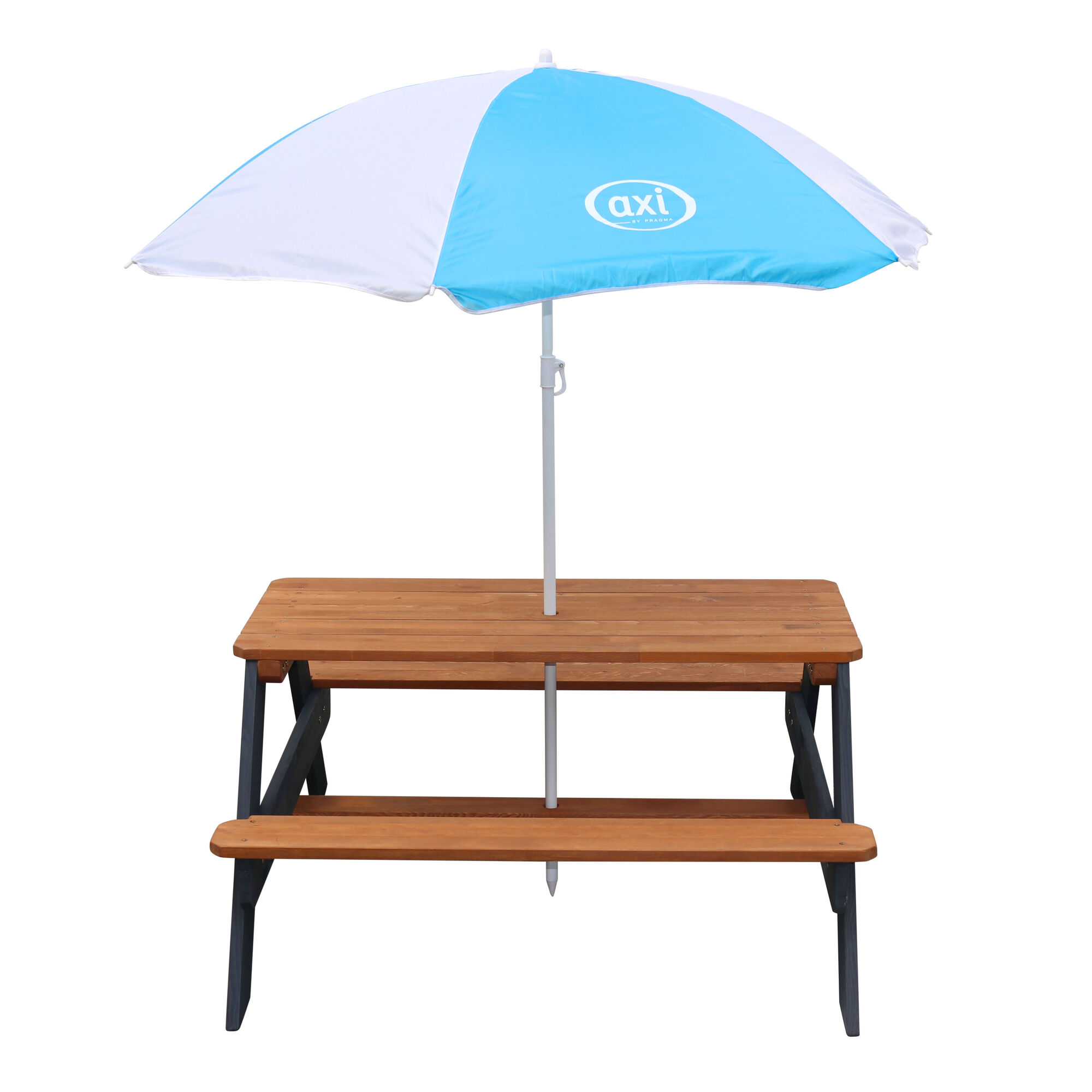 productfoto AXI Nick Picknicktafel Antraciet/bruin - Parasol Blauw/wit