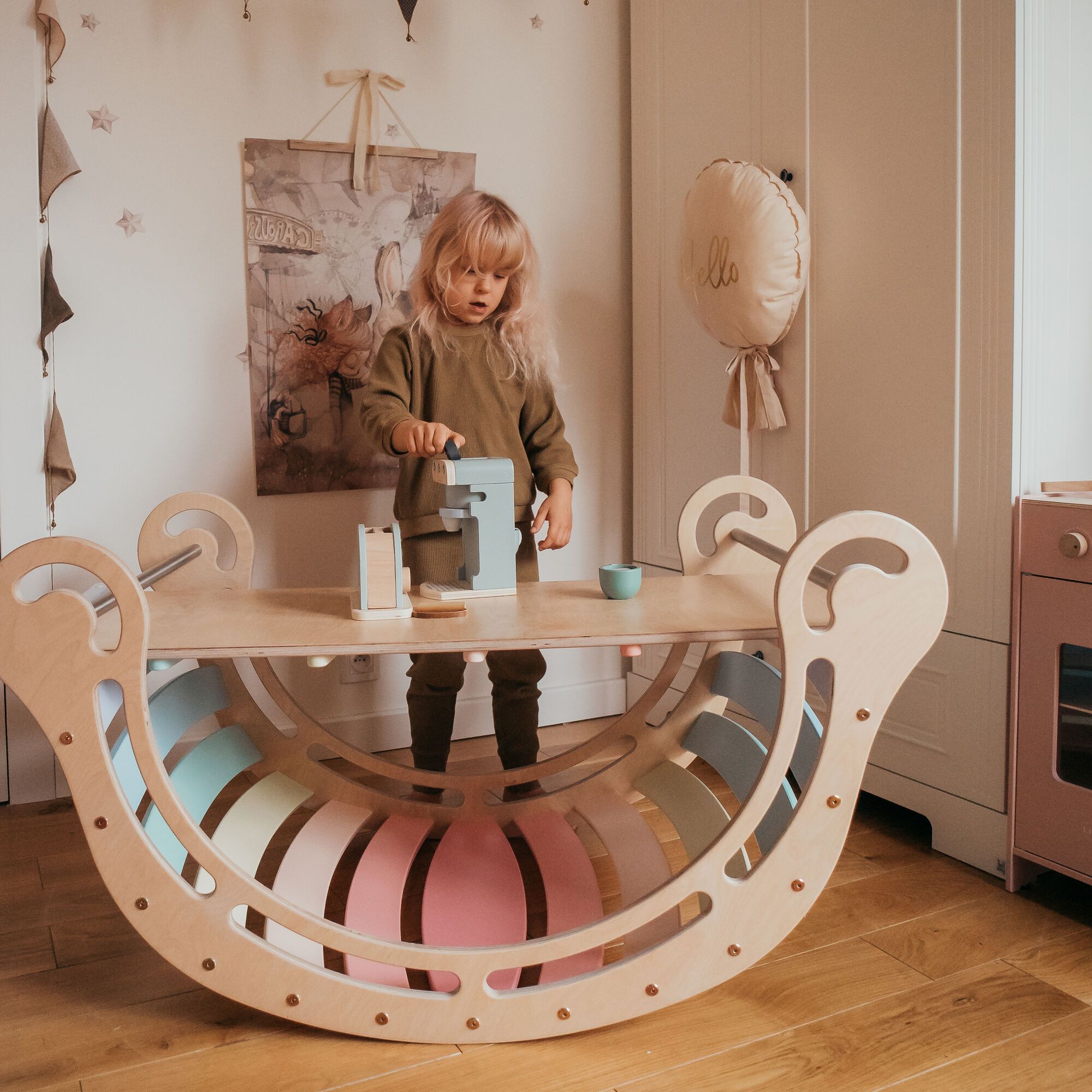 KateHaa Houten XXL Waldorf Rocker met Klimwand Pastel