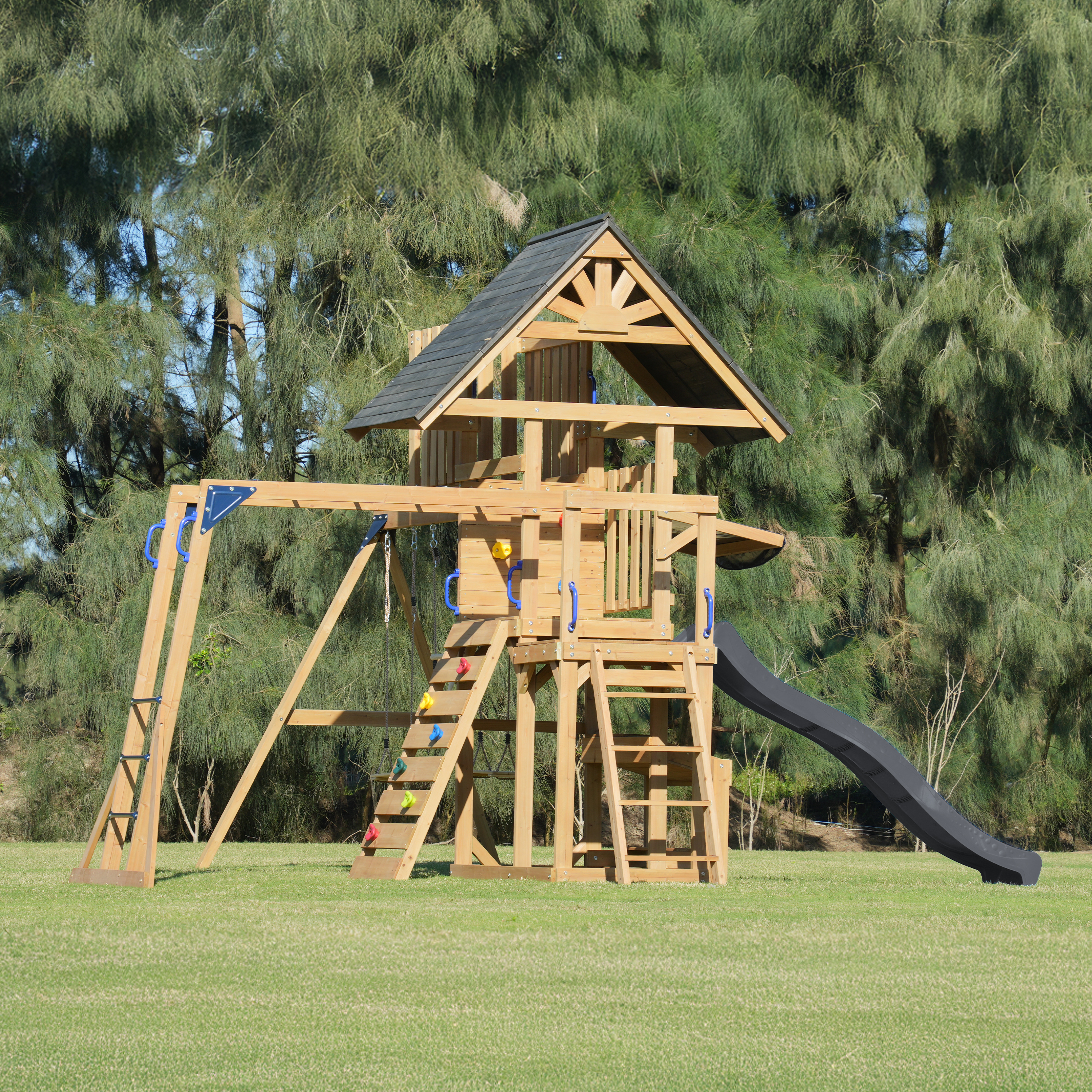 AXI Mitch Aire de jeux avec balançoire double, trapèze et tour d'observation marron - toboggan gris