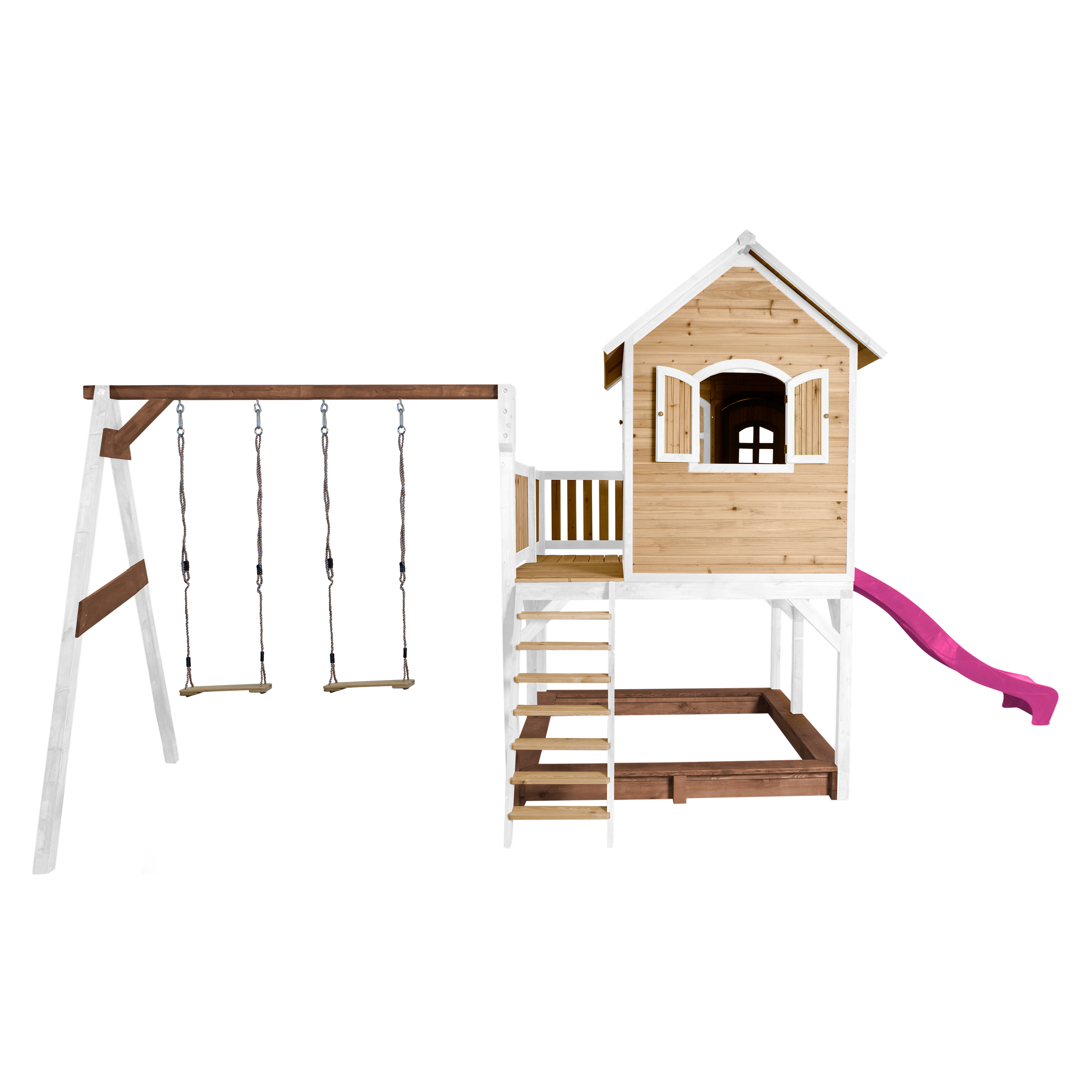 AXI Liam Playhouse with Double Swing Set Brown/White - Purple Slide