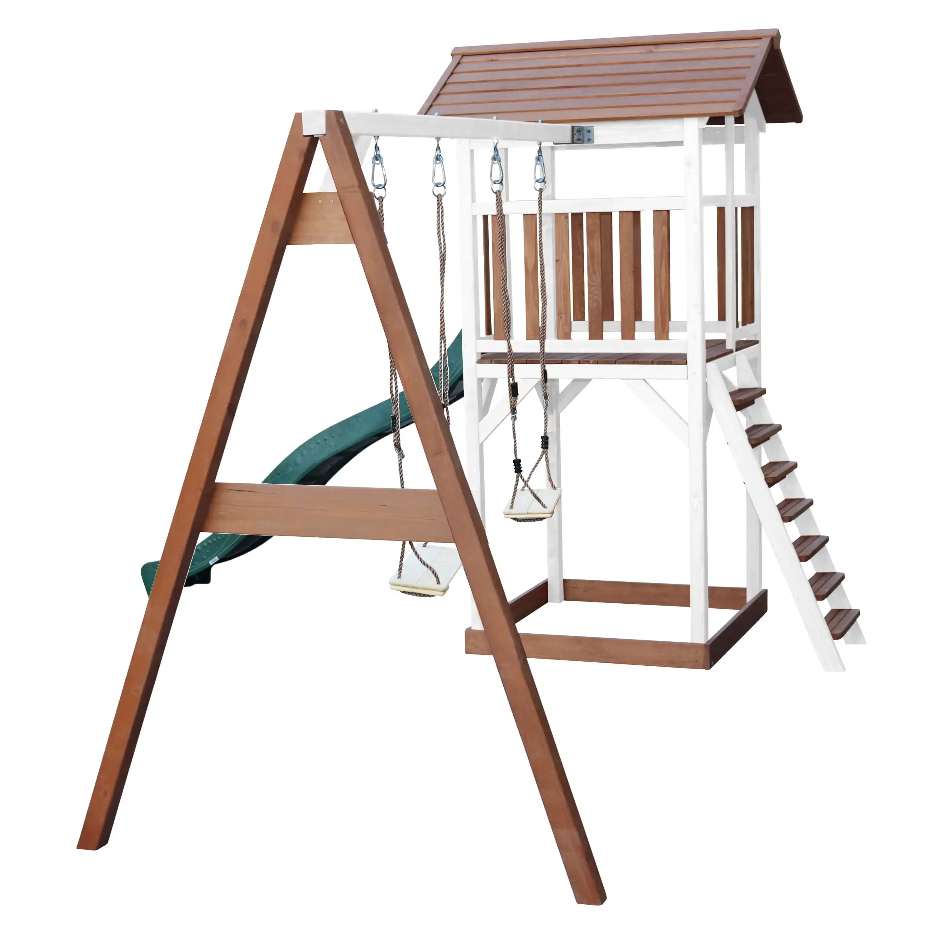 AXI Beach Tower Speeltoren met Dubbele Schommel Bruin/wit - Groene Glijbaan