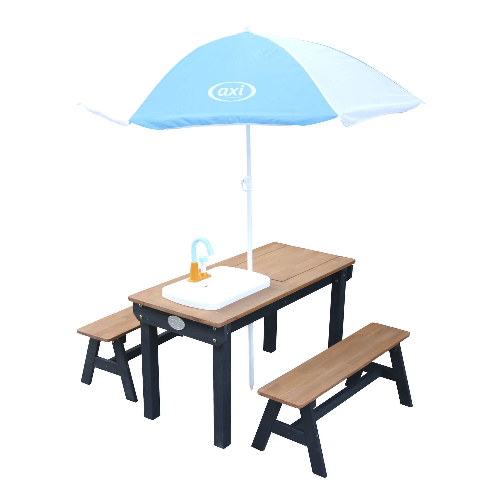 productfoto AXI Dennis Zand & Water Picknicktafel met Speelkeuken wastafel en losse bankjes Antraciet/bruin - Parasol Blauw/wit