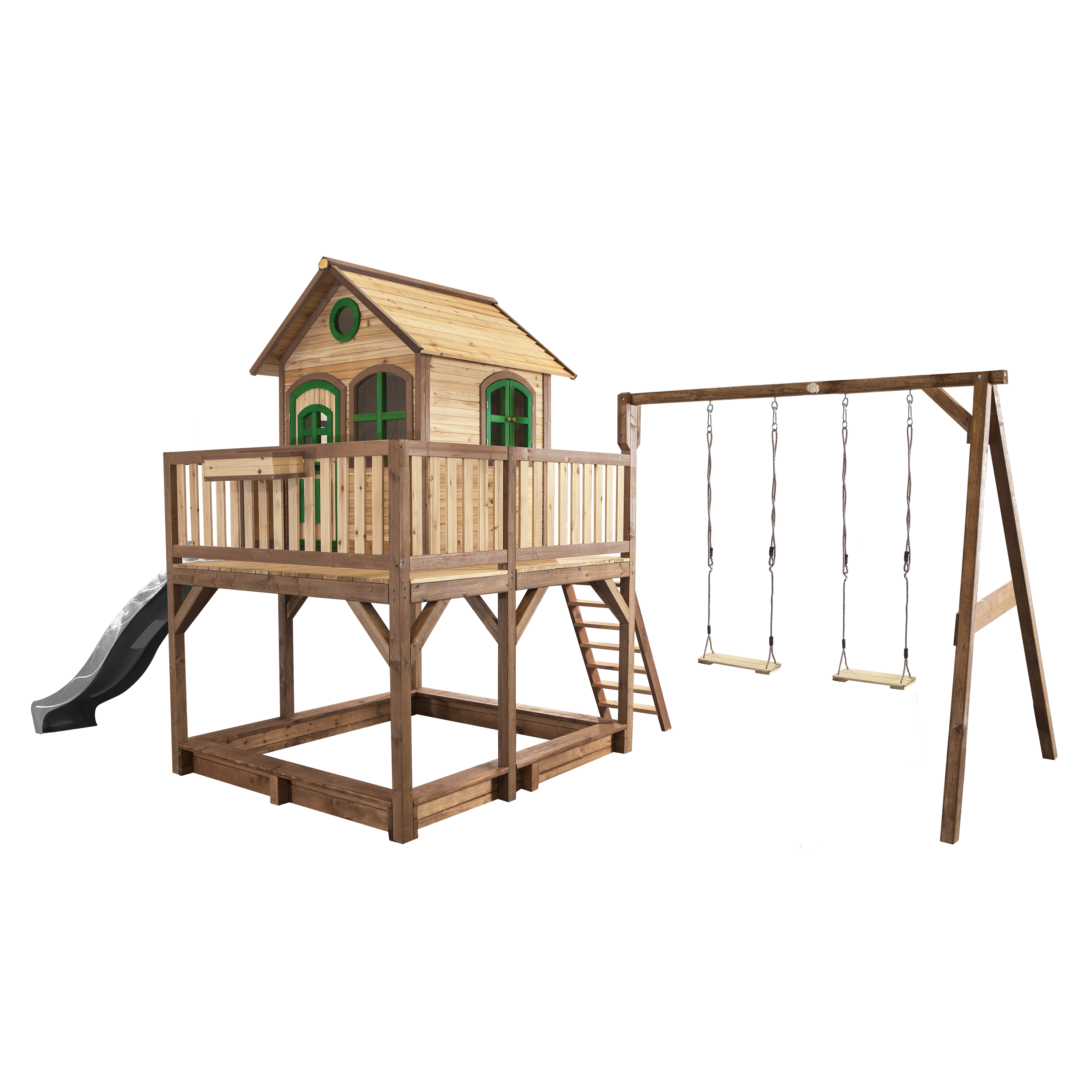 AXI Liam Playhouse with Double Swing Set Brown/Green - Grey Slide