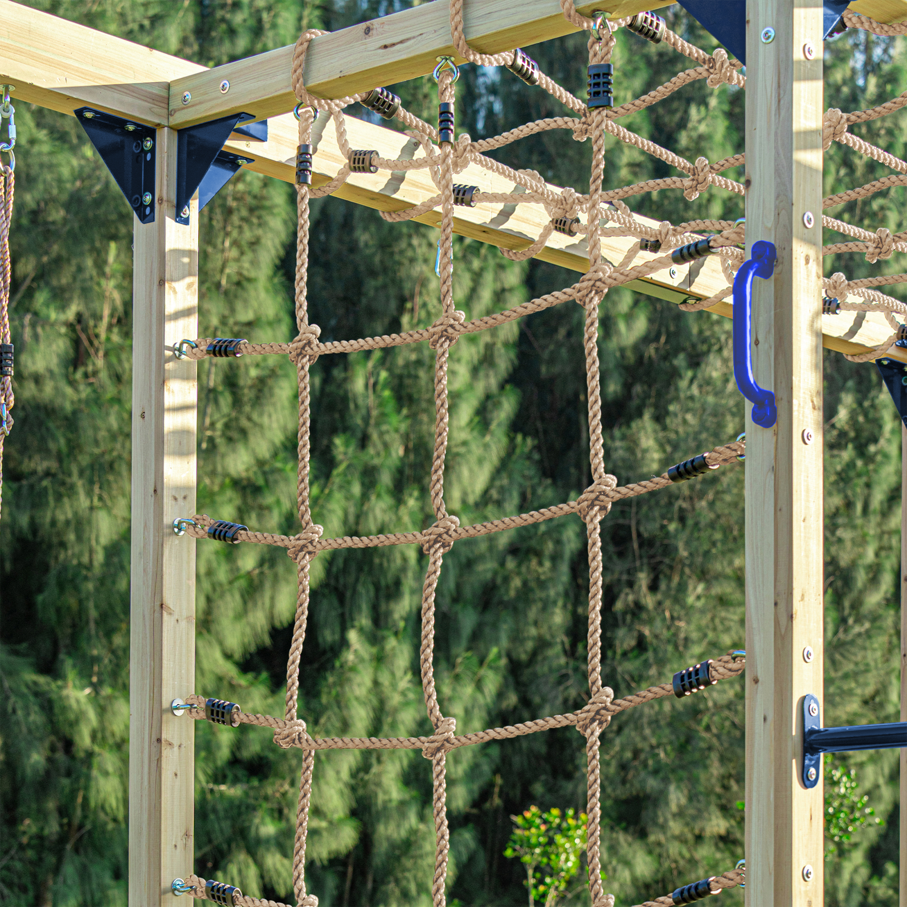 AXI Boris Wooden Playcentre with Swings, Trapeze, Climbing Nets and Monkey Bars – Blue Slide