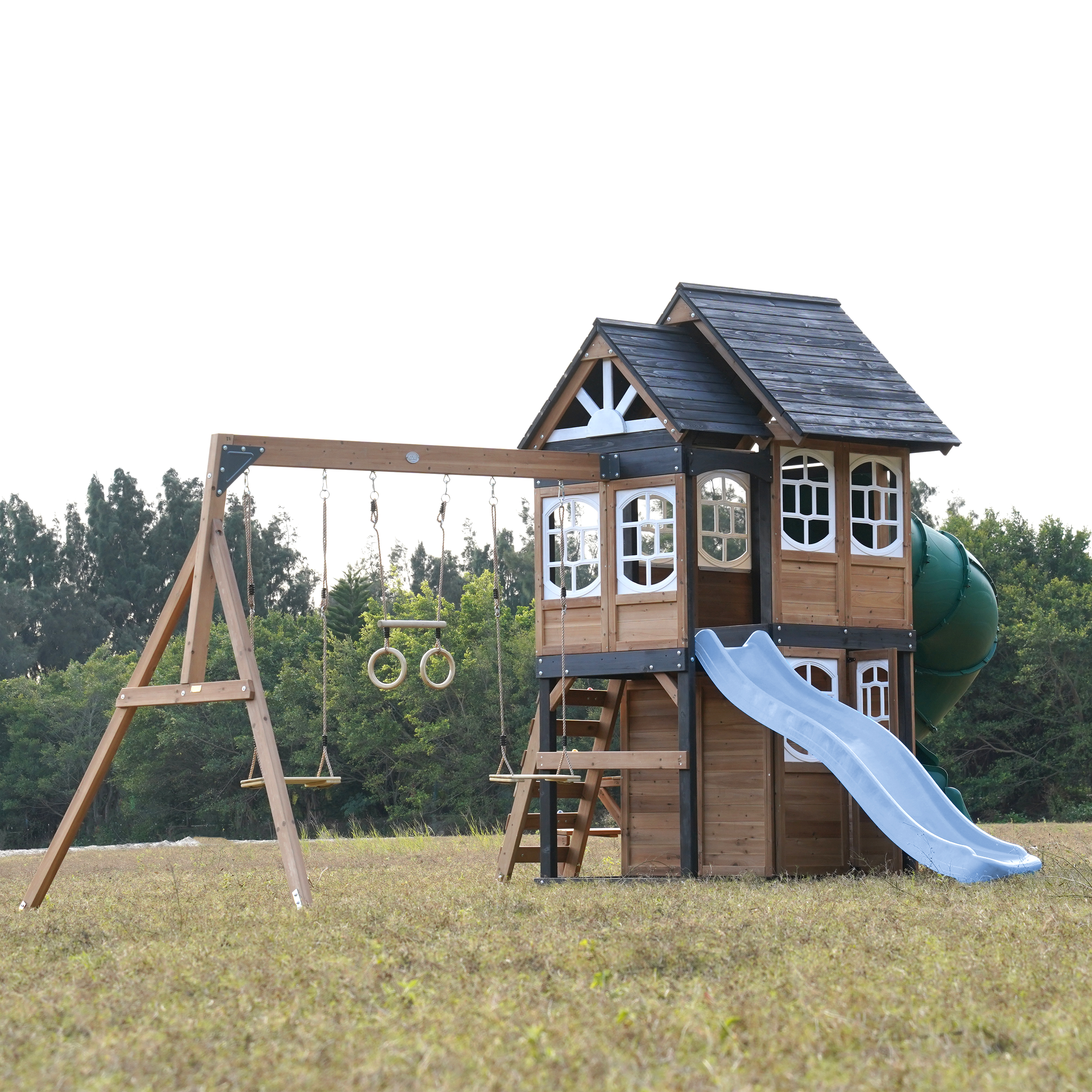 AXI Noud Climbing Frame with Playhouse, Swings, Trapeze and Climbing Wall – Pastel Blue Slide and Tube Slide