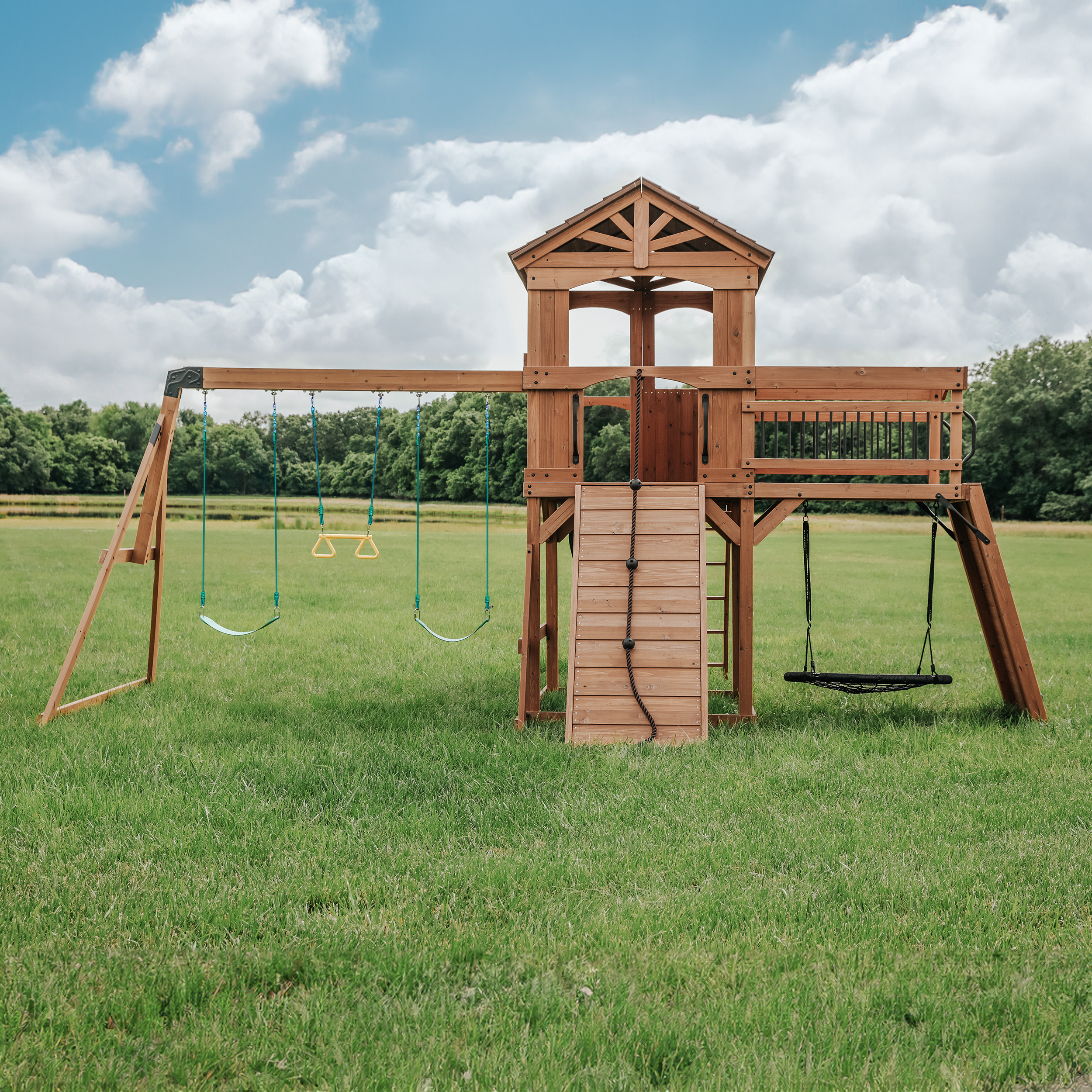 Backyard Discovery Sterling Point Play Set with 3 Swings and Slide - Climbing Wall & Rock Wall - Trapeze - Sandbox - Walkway-0752113300378 Backyard Discovery Sterling Point Play Set with 3 Swings and Slide - Climbing Wall & Rock Wall - Trapeze - Sandbox - Walkway