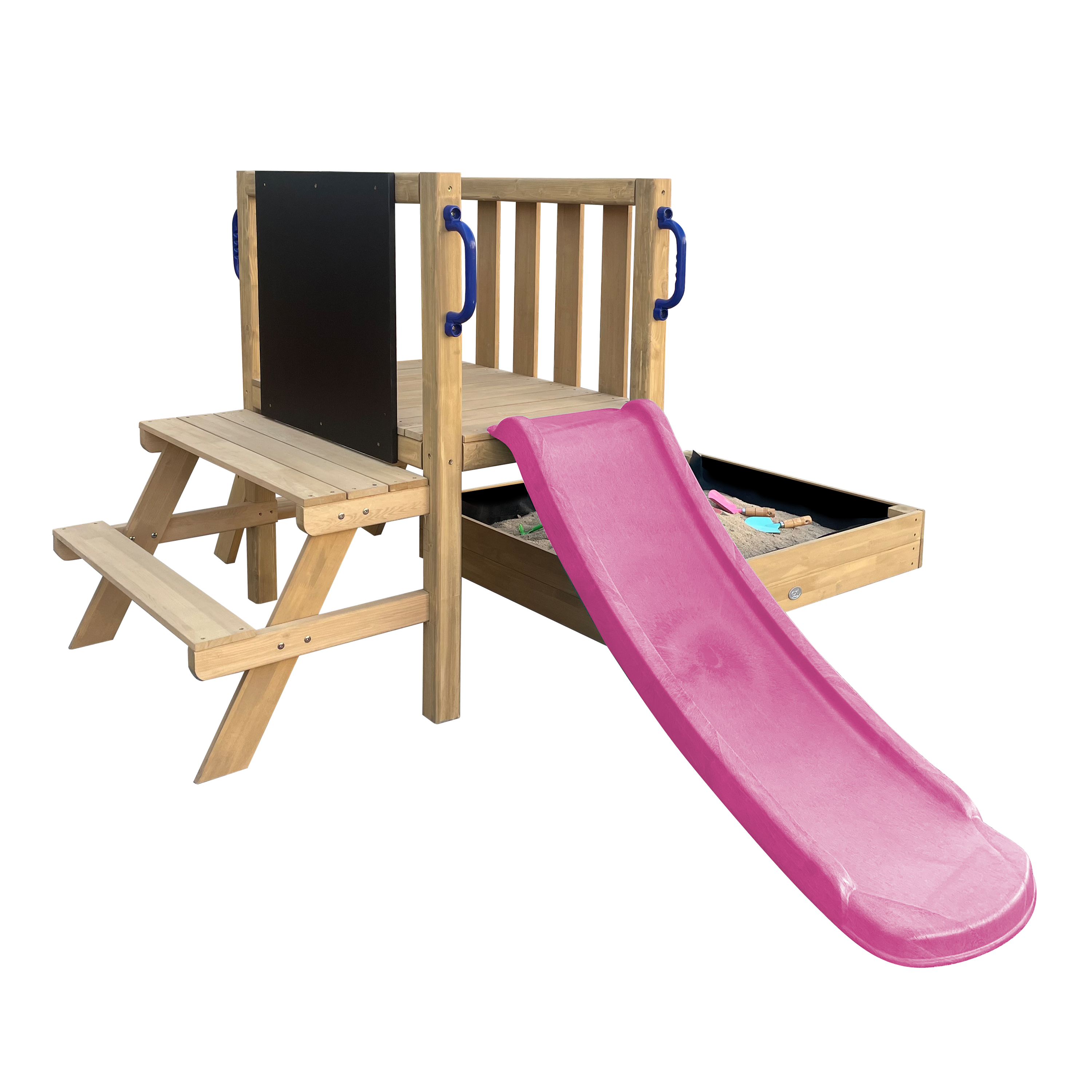 AXI Leah Mini Wooden Playtower with Sandbox. Picnic Table & Chalkboard – Purple Slide