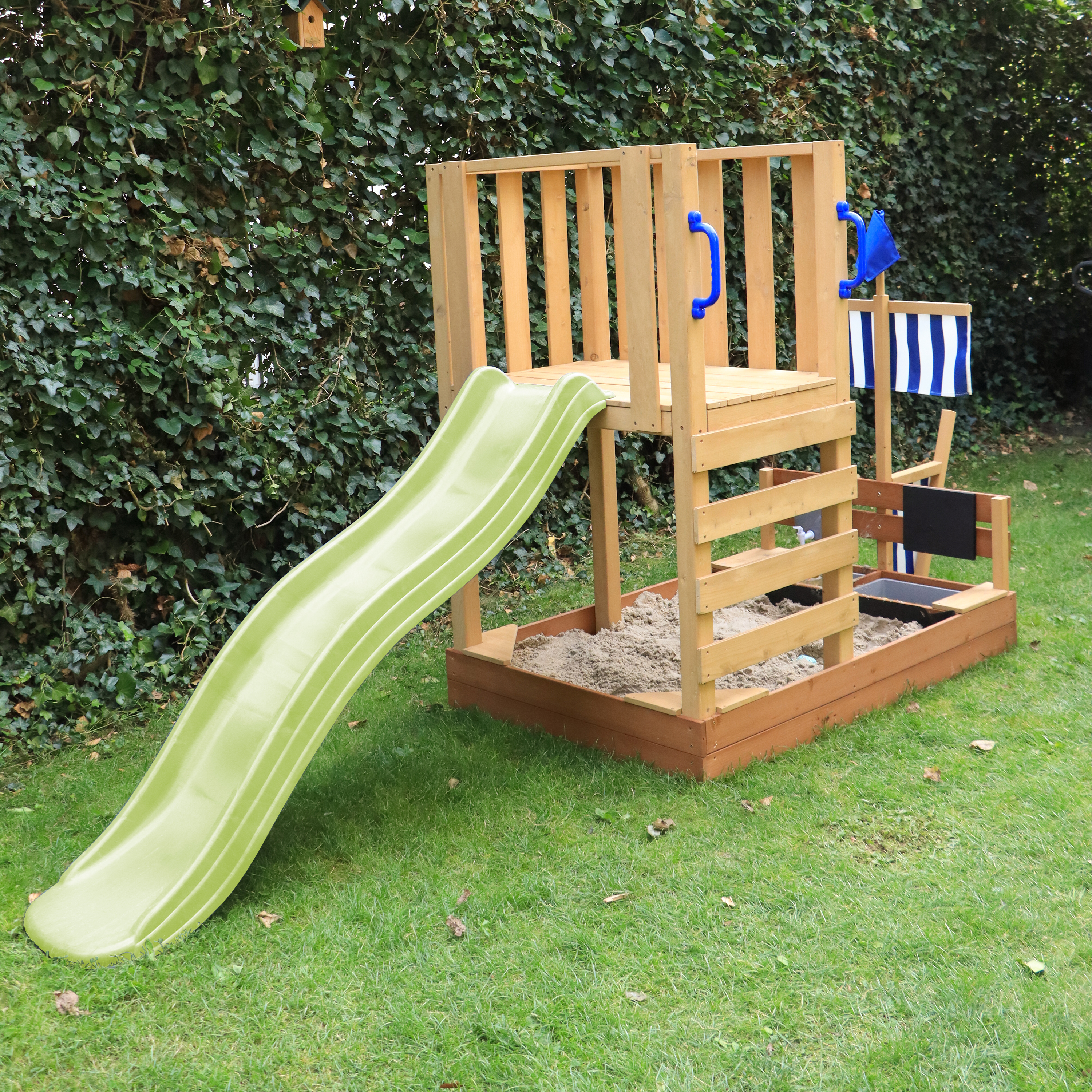 AXI Vicky Climbing Frame with Sandbox. Play Kitchen & Chalkboard – Lime Green Slide