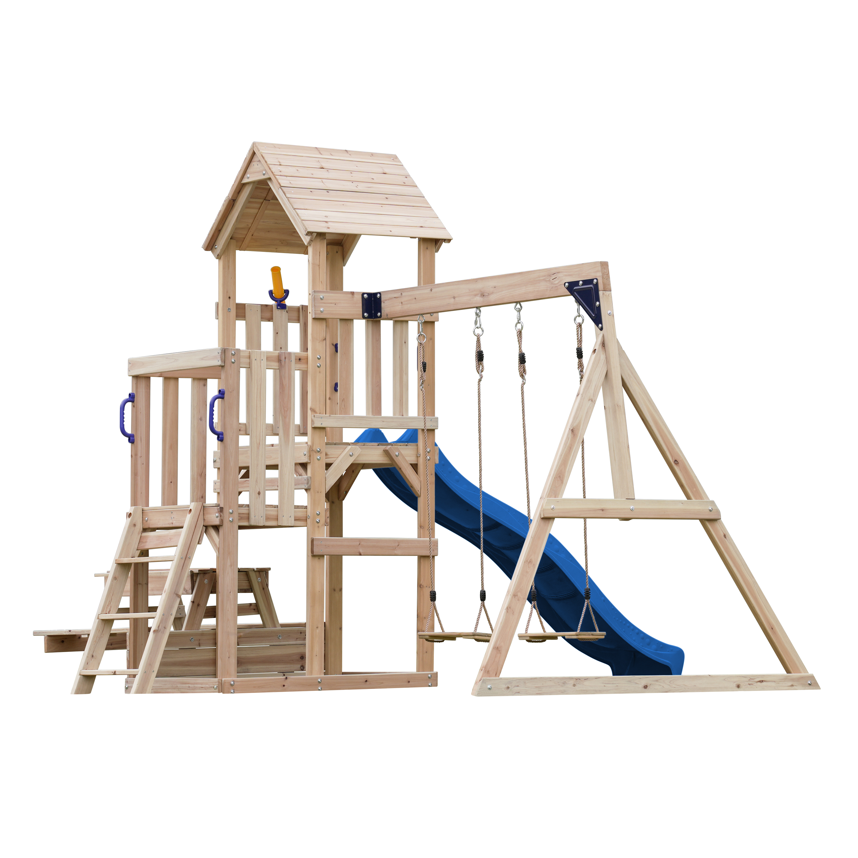 AXI Mette Climbing Frame with Double Swing Set and Picnic Table - Blue Slide
